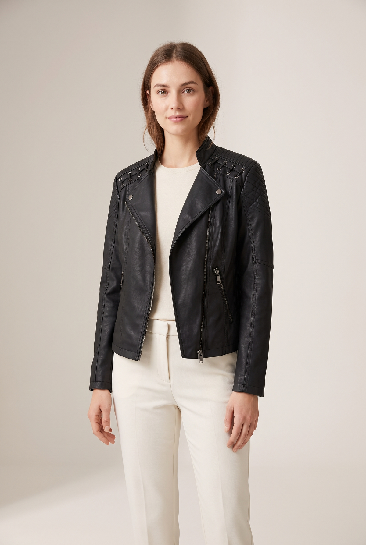 Jenny Women's Moto-Style Zip-Up Faux Leather Biker Jacket, on model