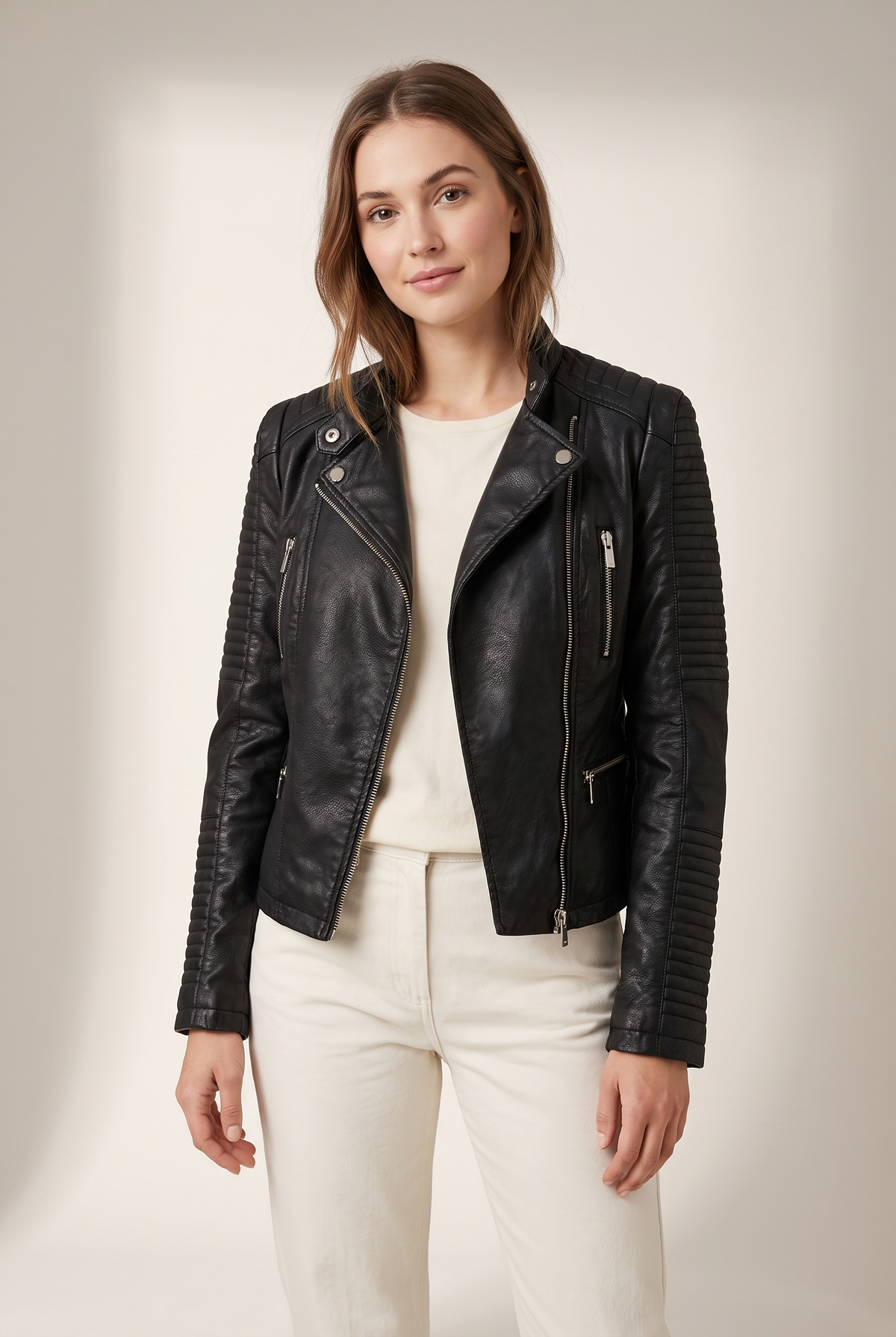 Scarlet Women's Moto-Style Zip-Up Faux Leather Jacket, on model
