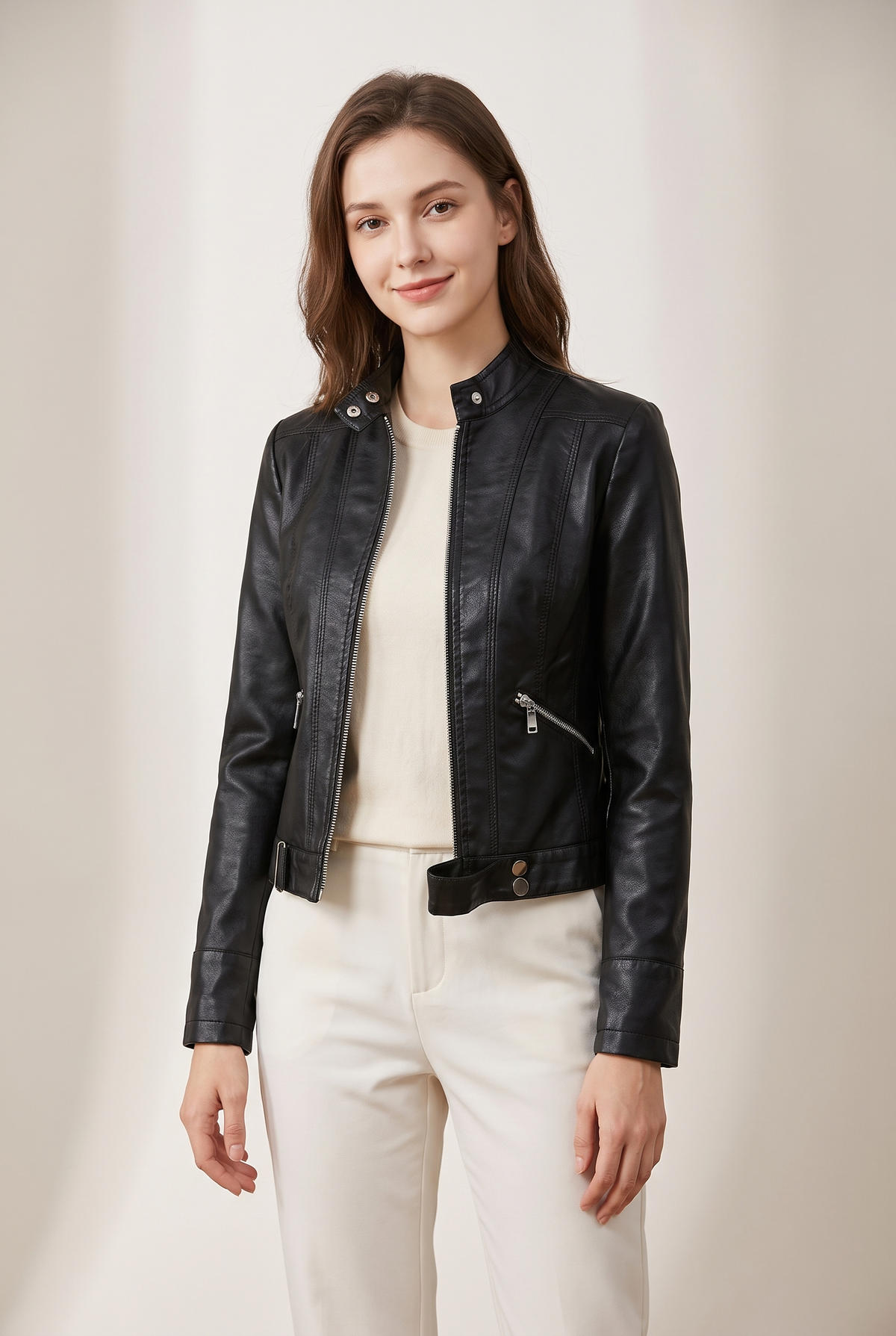 Linda Women's Cropped Faux Leather Stand-Collar Moto Biker Jacket, on model