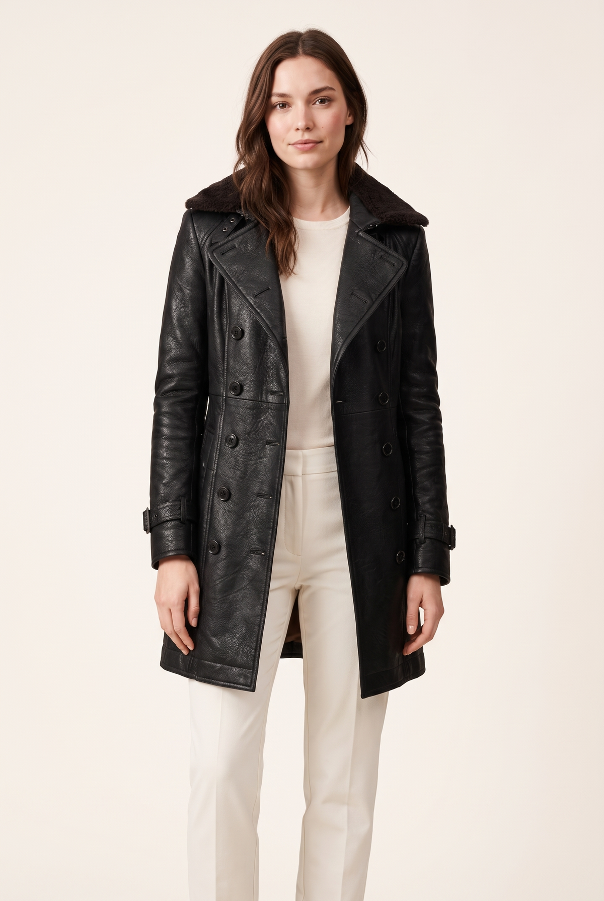 Sandra Women's Winter Collar Faux Leather Trench Coat, on model