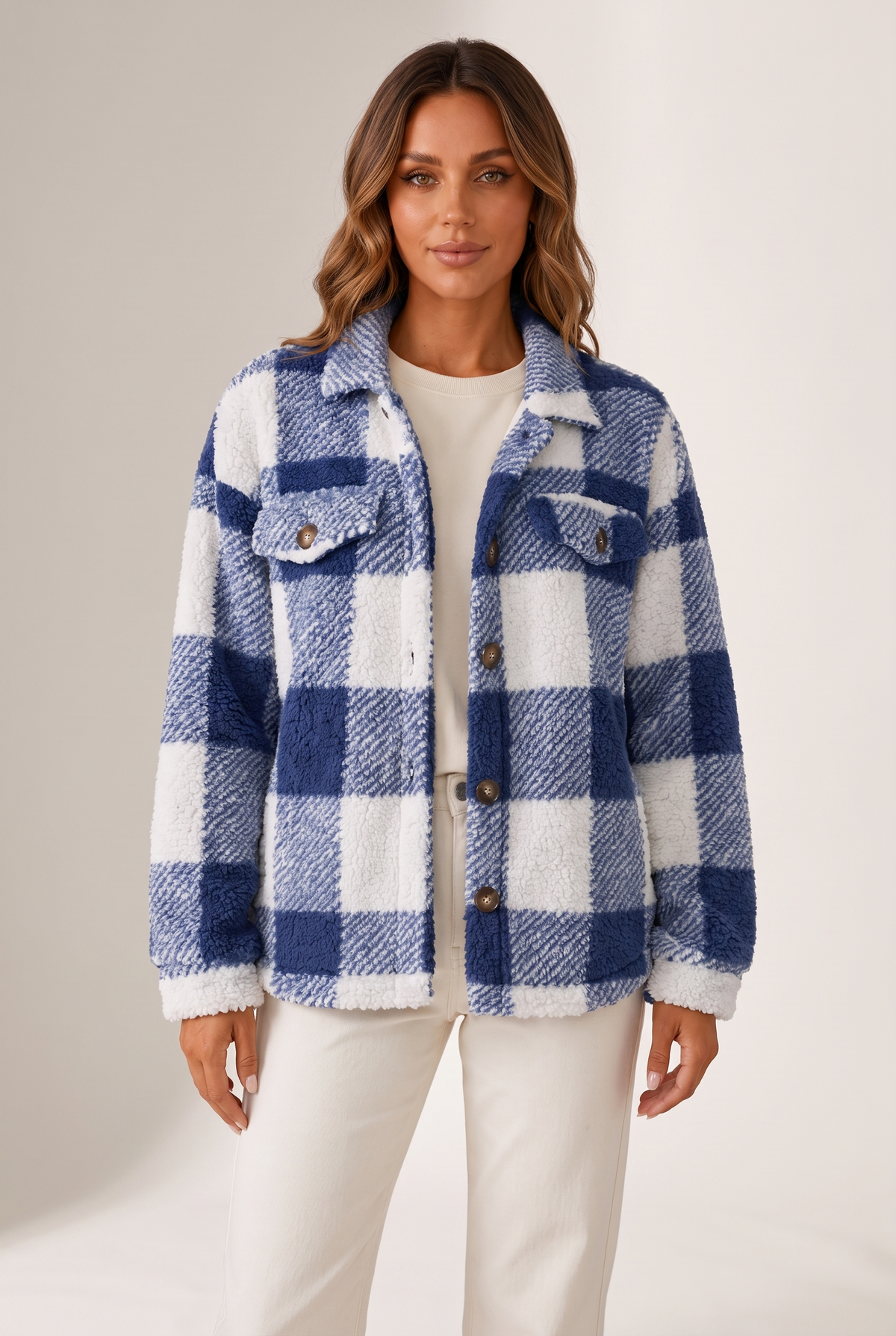 Lize Women's Plaid Sherpa Button-Up Winter Jacket, on model