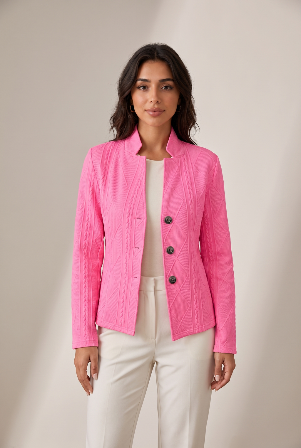 Elara Women's Cable-Knit Open-Front Quilted Jacket, on model