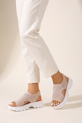 Pami Women's Knitted Upper Slip-On Platform Sandals, on model