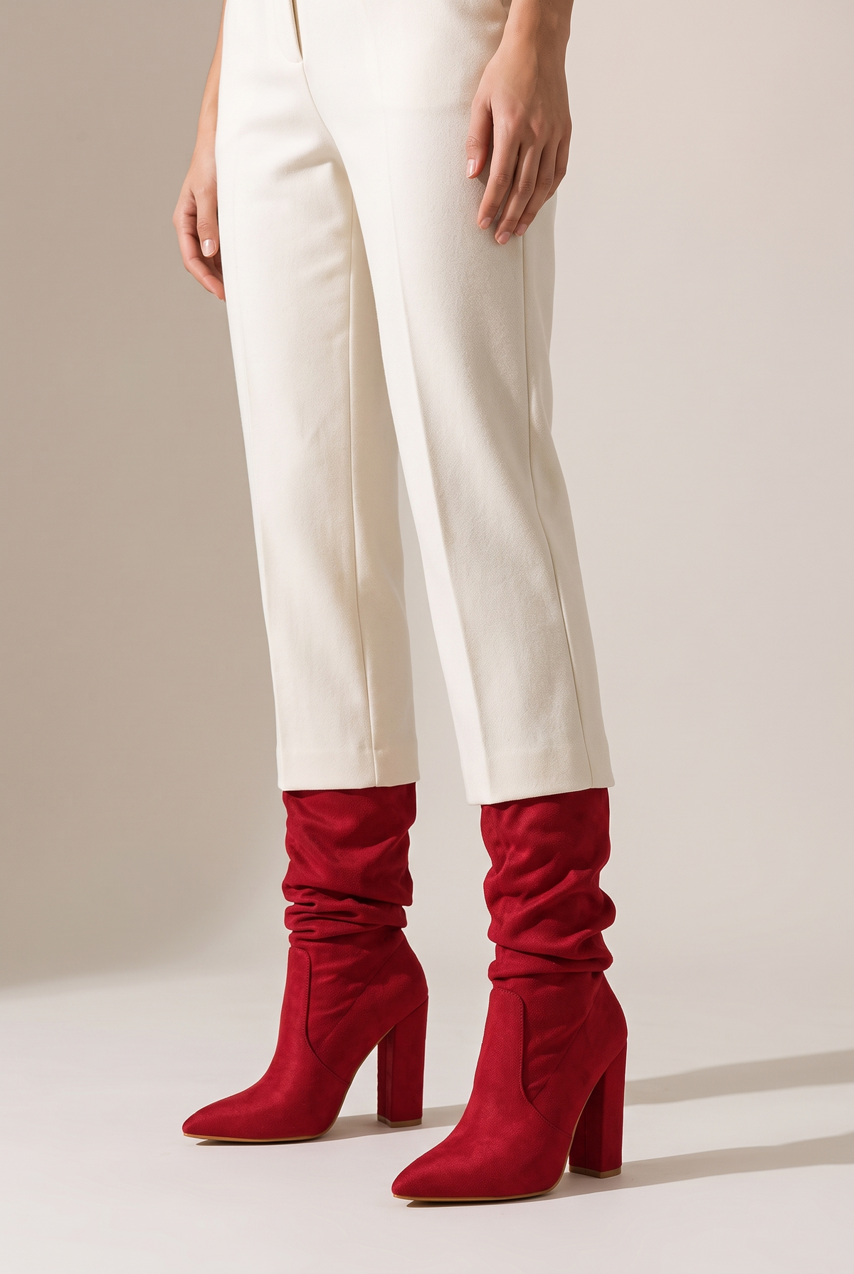 Women's Winter Faux Suede Boots Gathered Shaft, on model