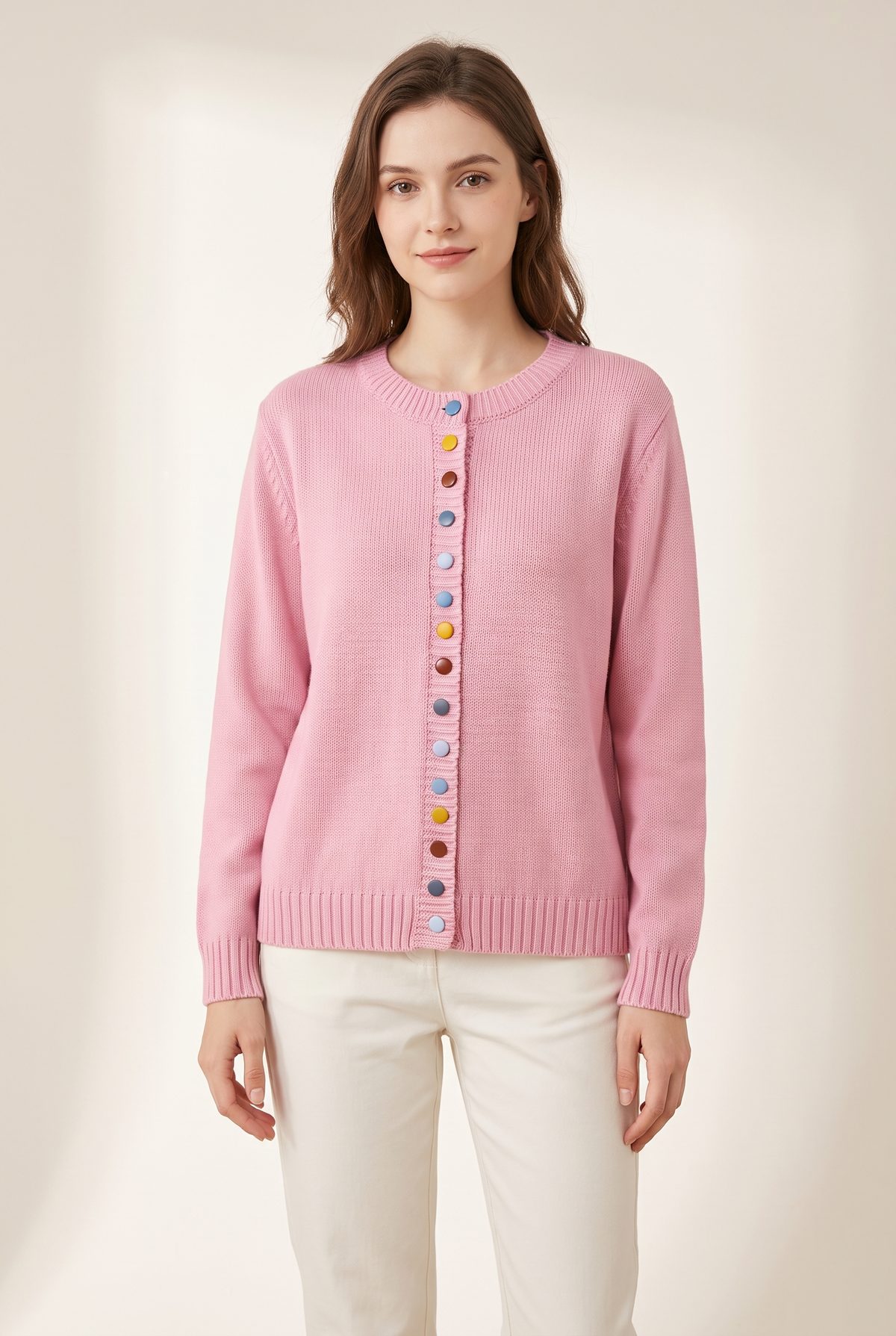 Sharon Women's Winter Colorful Button Knit Cardigan, on model