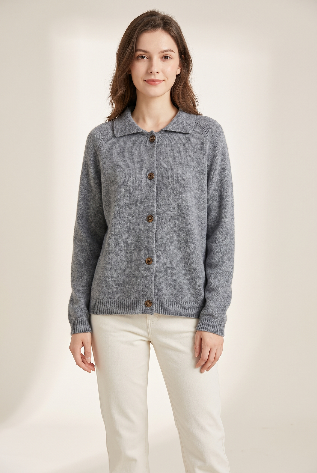 Laura Women's Relaxed-Fit Button-Up Collared Knit Cardigan, on model