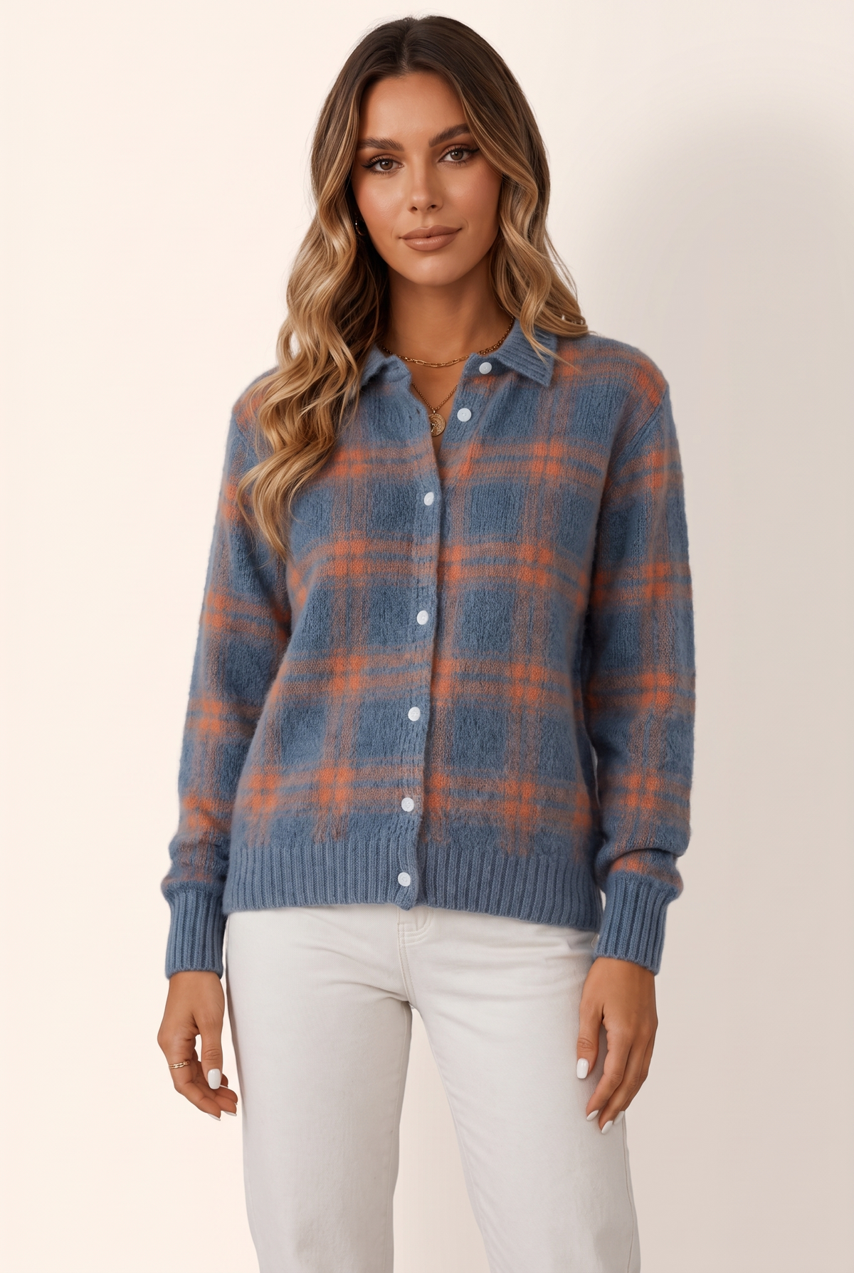 Nora Women's Plaid Button Knit Cardigan, on model