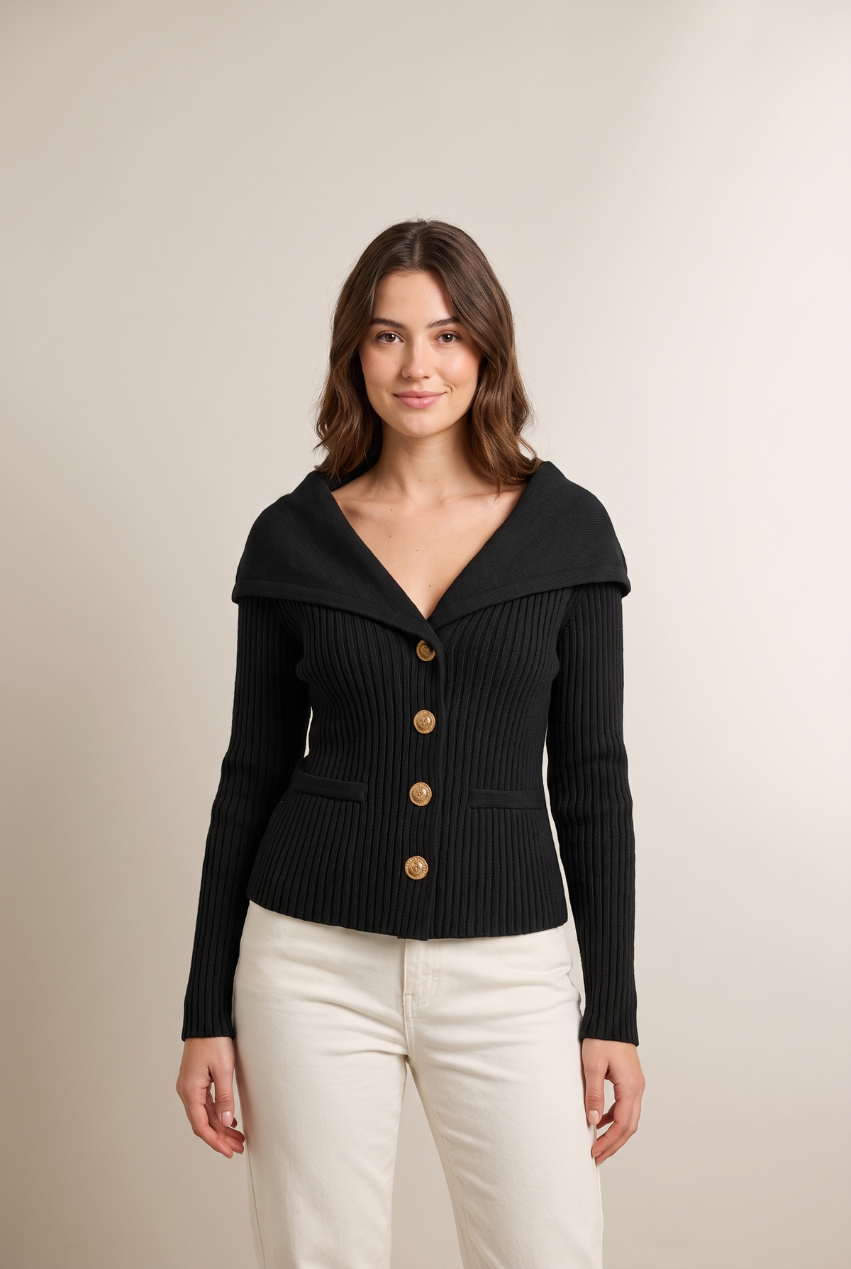Joana Women's Off Shoulder Ribbed Knit Cardigan, on model
