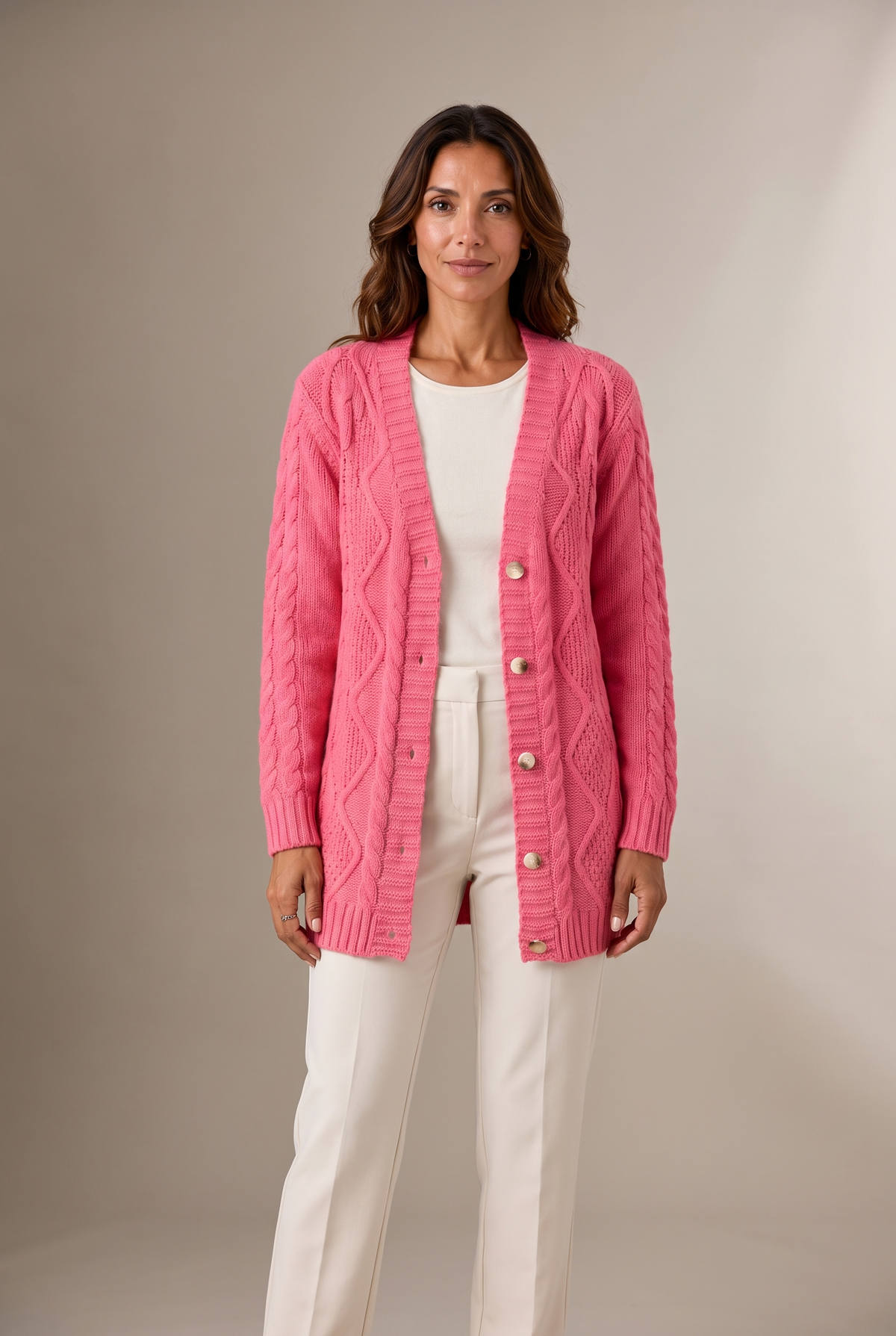 Clara Women's Winter Cable-Knit Longline Cardigan, on model