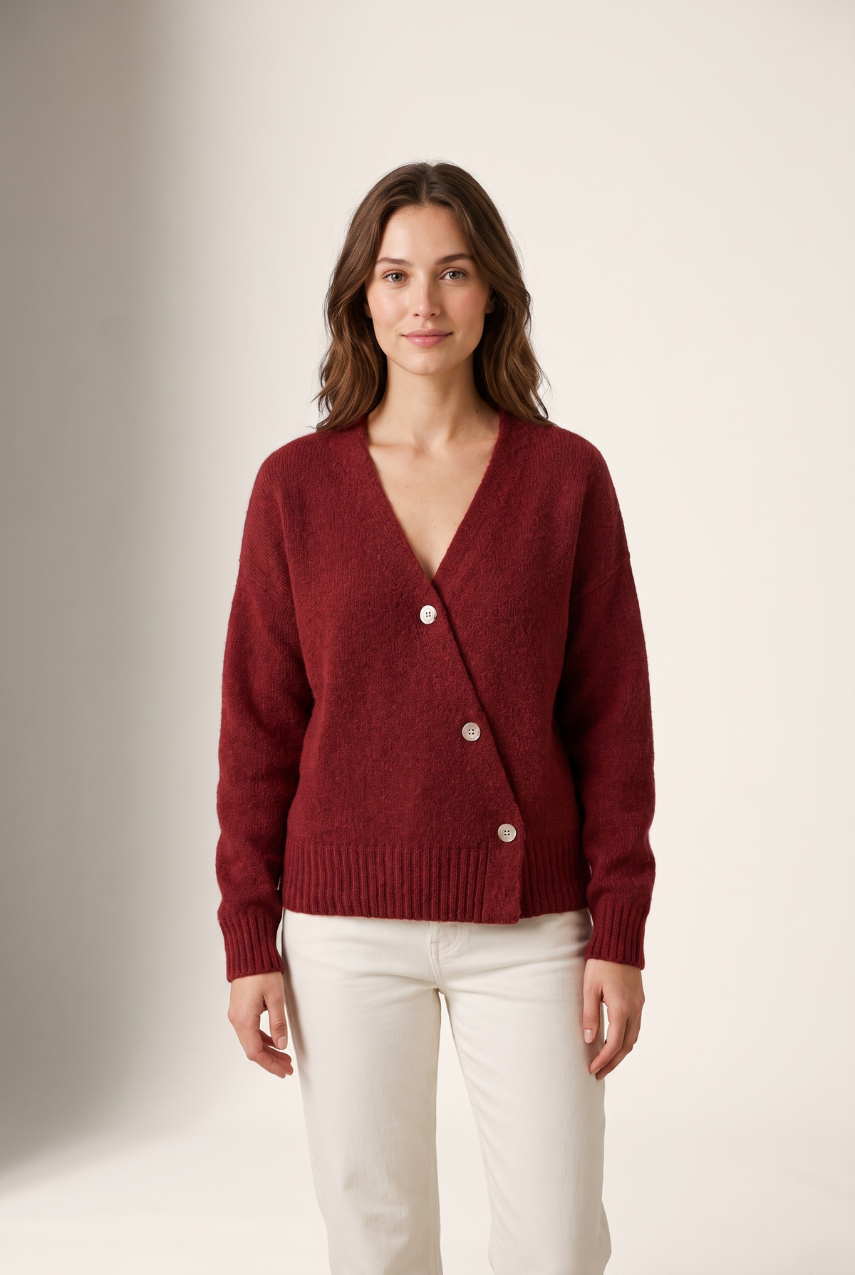 Elsie Women's V-Neckline Wrap Button-Up Knit Cardigan, on model