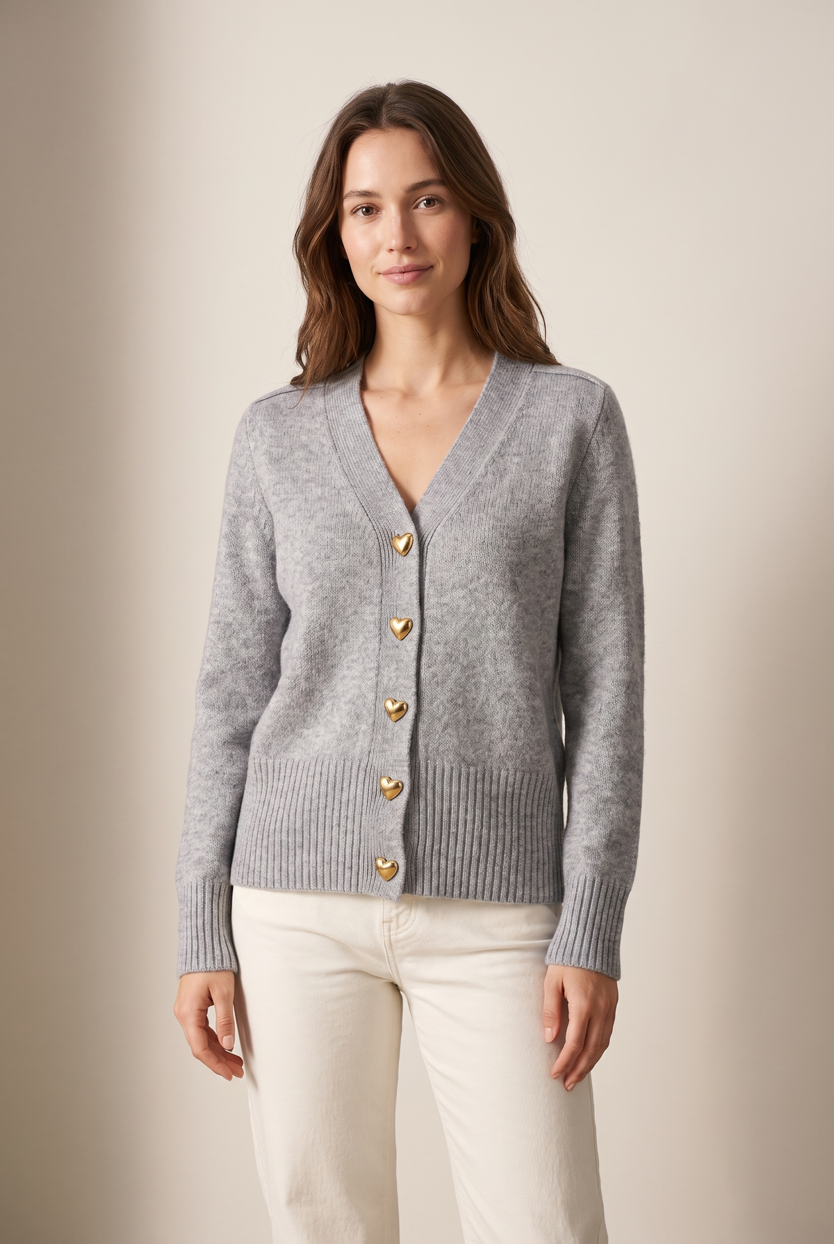 Victoria Women's Heart Buttons Cozy Winter Cardigan, on model