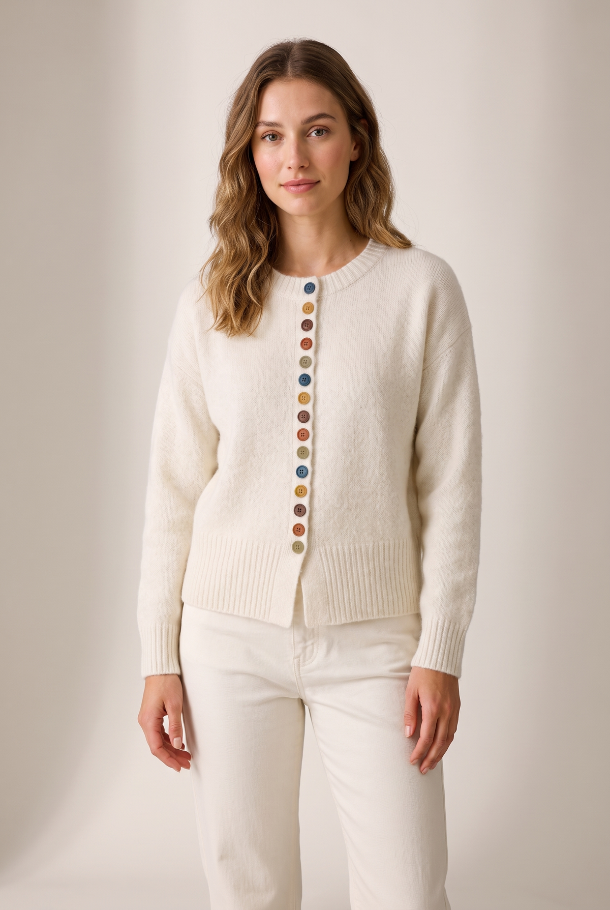 Vicky Women's Button Detail Crew Neck Cardigan, on model