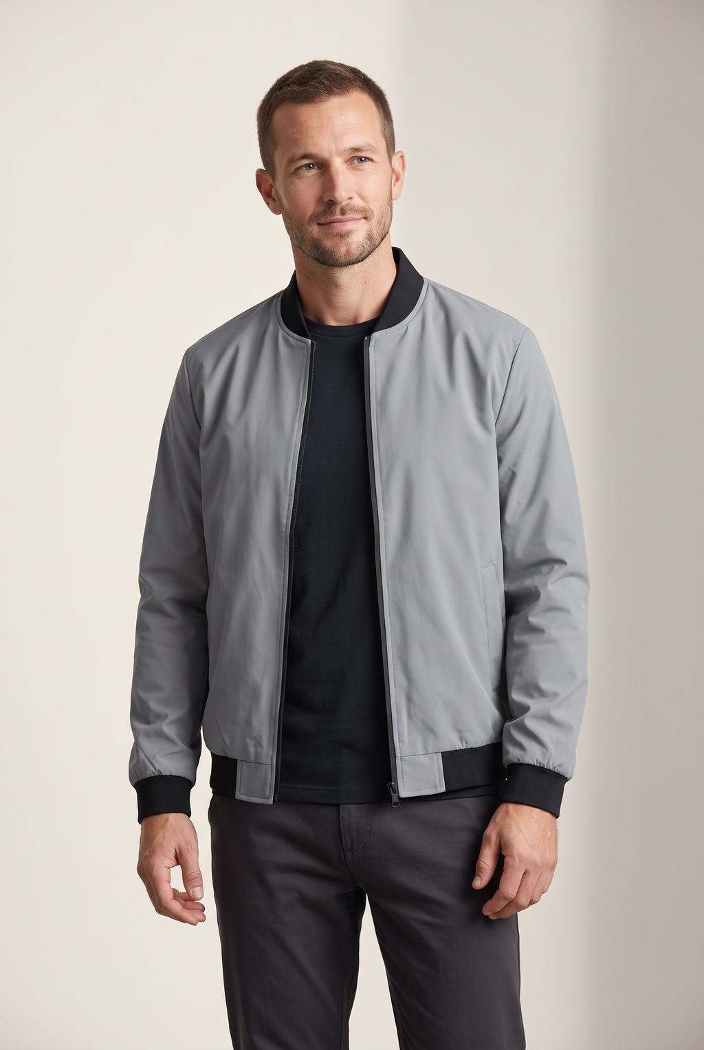 Lucas Men's Ribbed Collar Zip-Up Bomber Jacket, on model