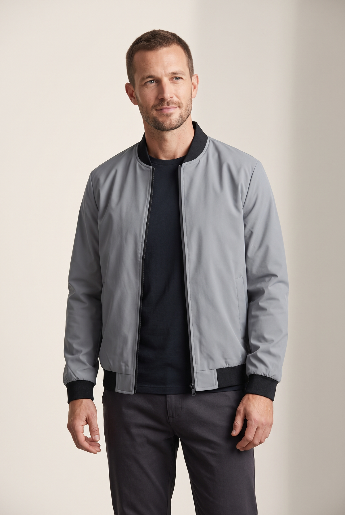 Lucas Men's Ribbed Collar Zip-Up Bomber Jacket, on model