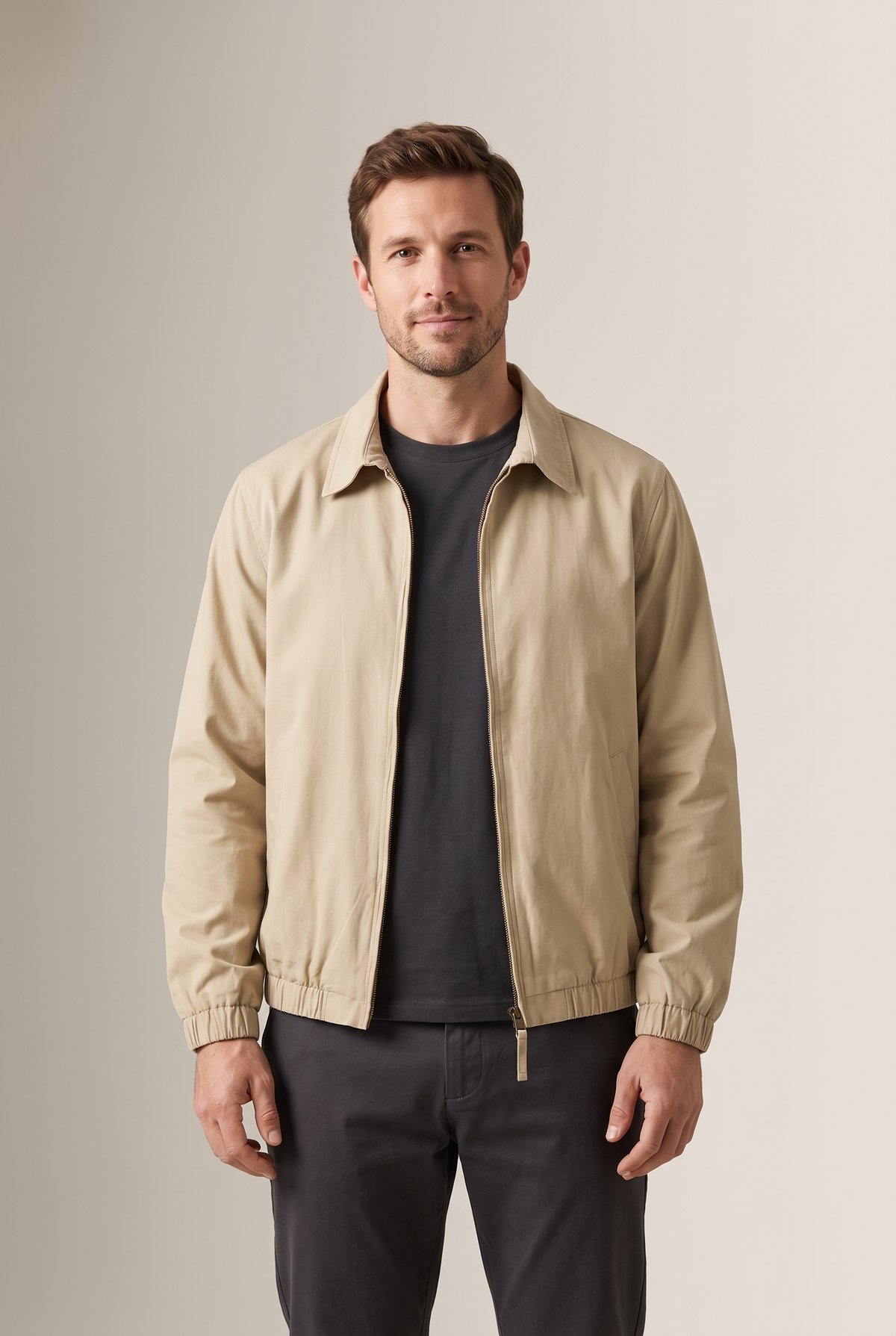 Lucas Men's Clean Zip Elasticated Cuffs Bomber Jacket, on model