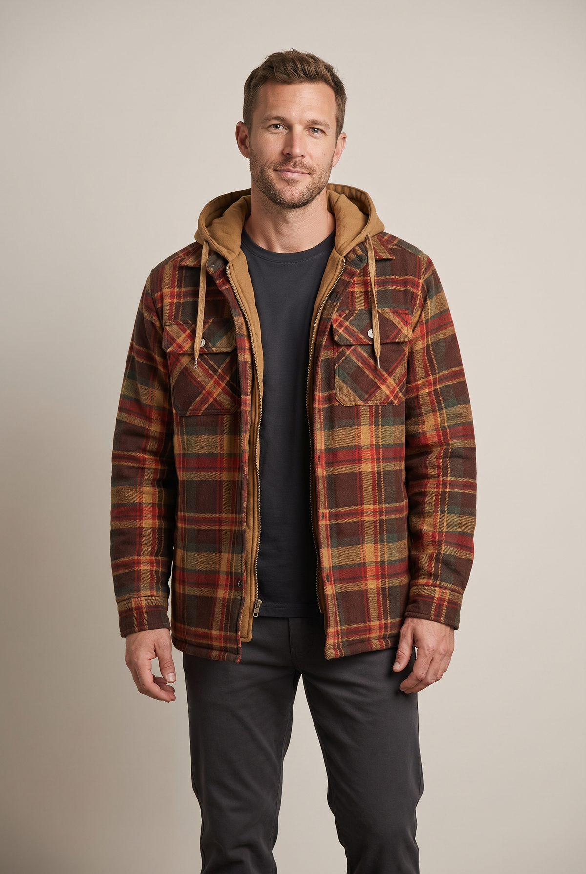 Men's Plaid Hooded Jacket with Quilted Lining and Zip-Up Front, on model