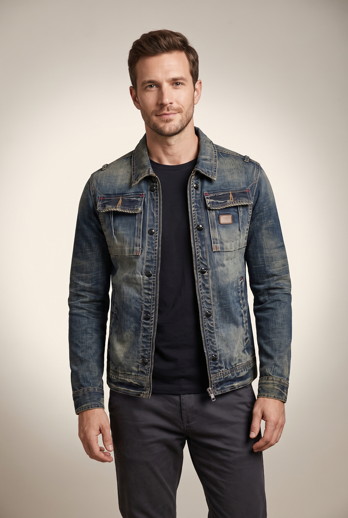 William Men's Denim Dual Closure Pockets Trucker Jacket, on model