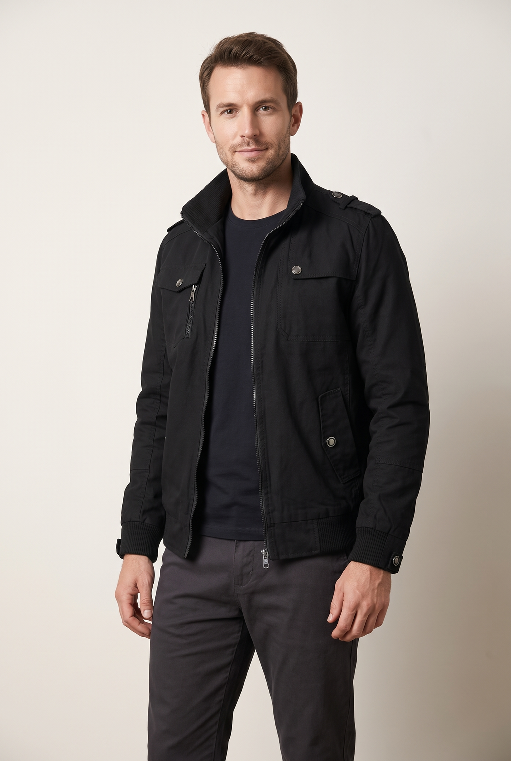 Elijah Men's Multiple Pockets Military-Inspired Details Bomber Jacket, on model
