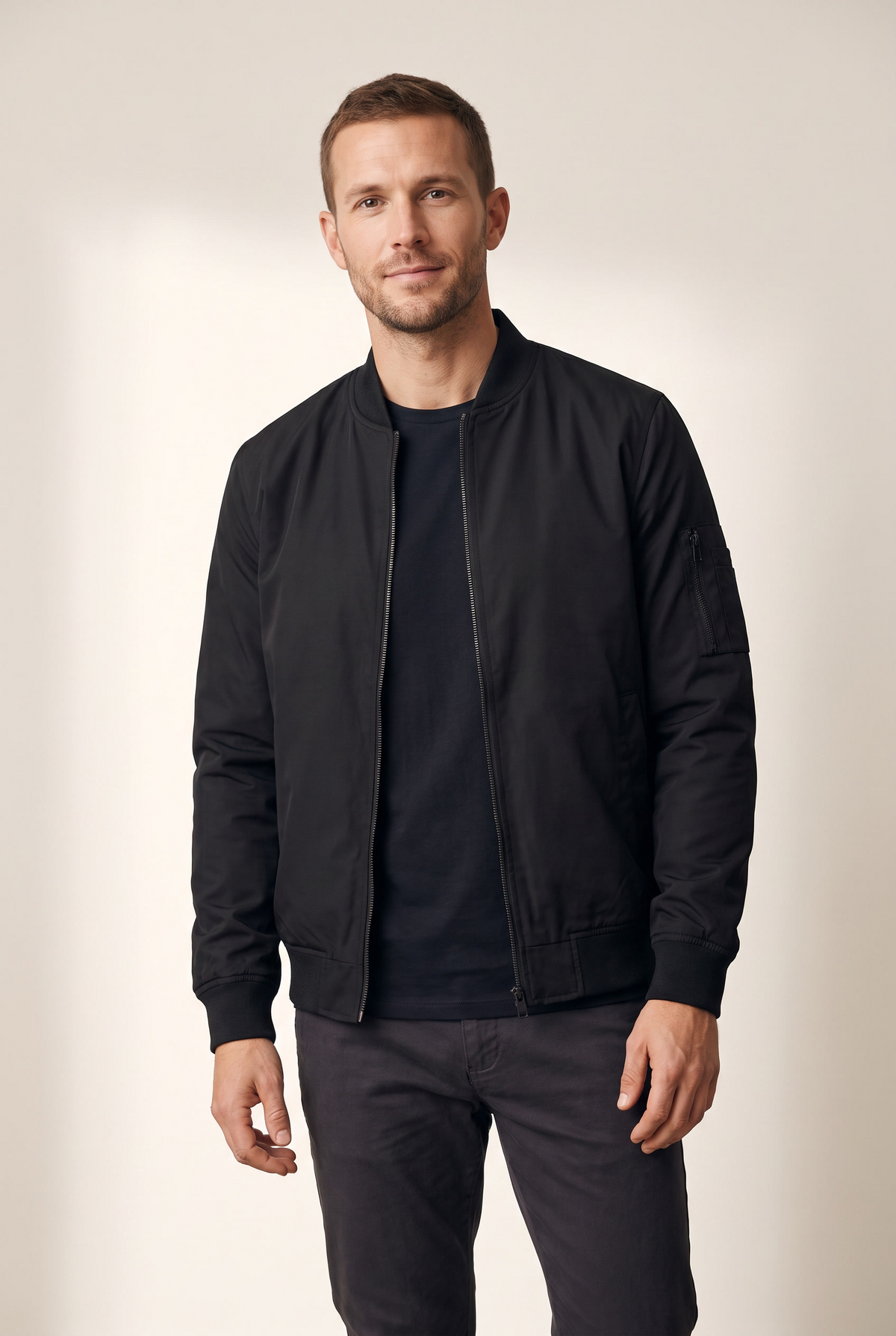 Sebastian Men's Insulated Warmth Arm Pocket Bomber Jacket, on model