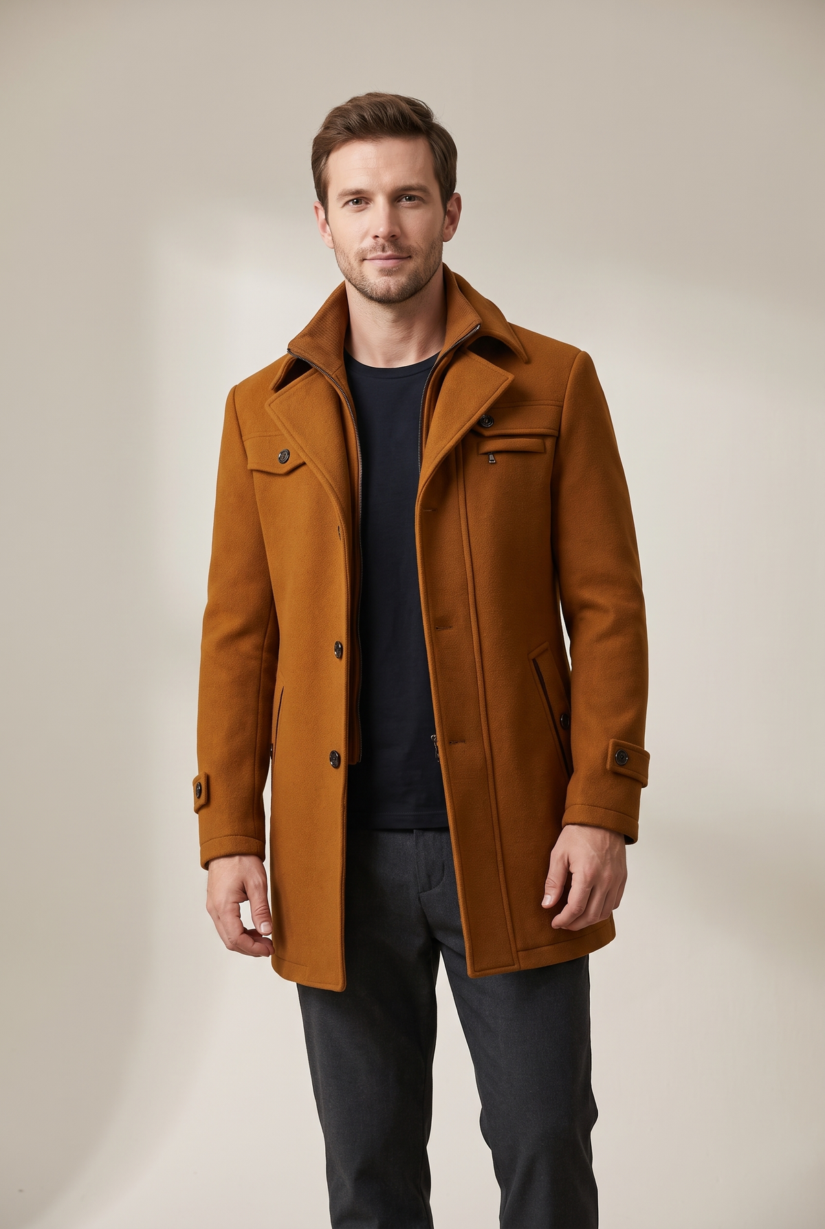 William Men's Quilted Double-Layer Collar Overcoat, on model