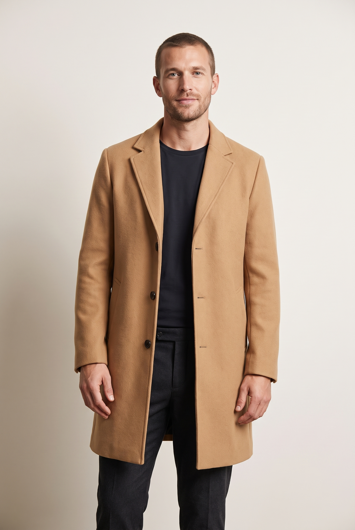 Lucas Men's Notch Lapel Three-Button Knee-Length Overcoat, on model