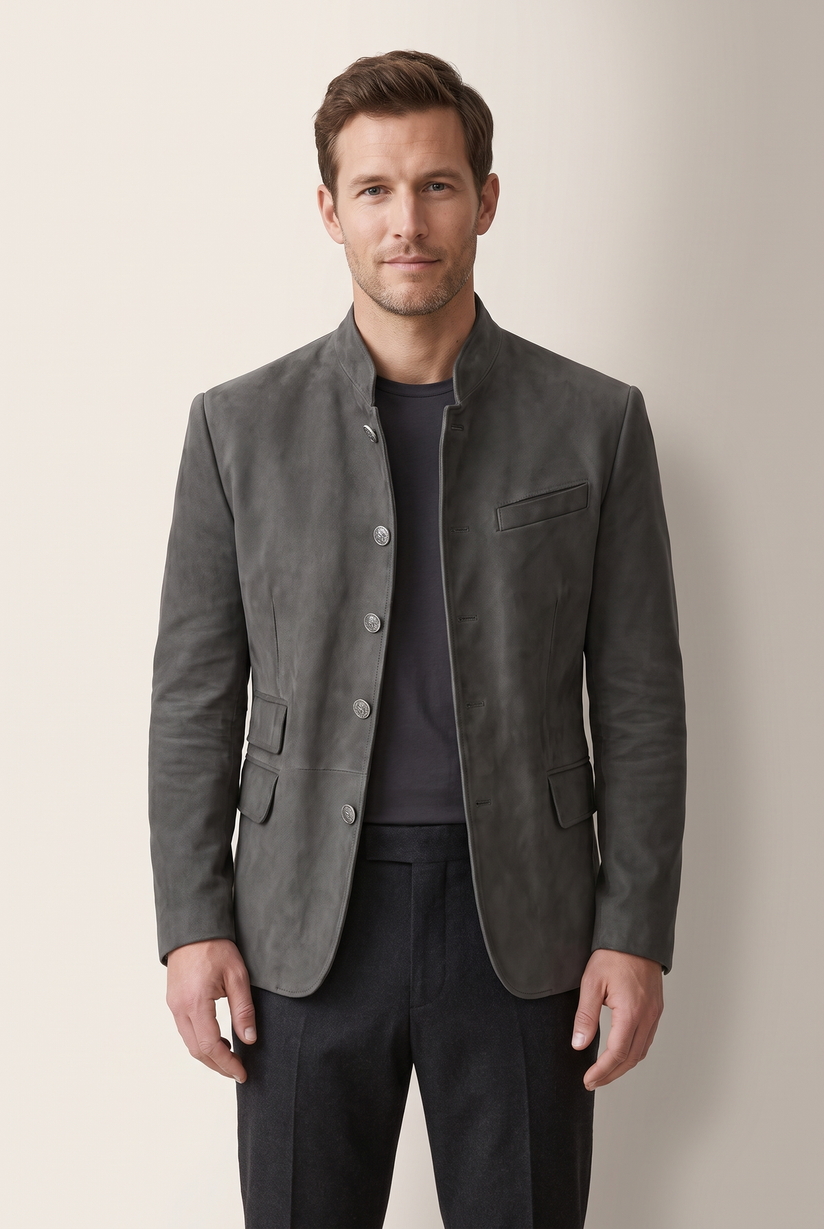 Owen Men's Mandarin-Collar Button-Front Blazer, on model