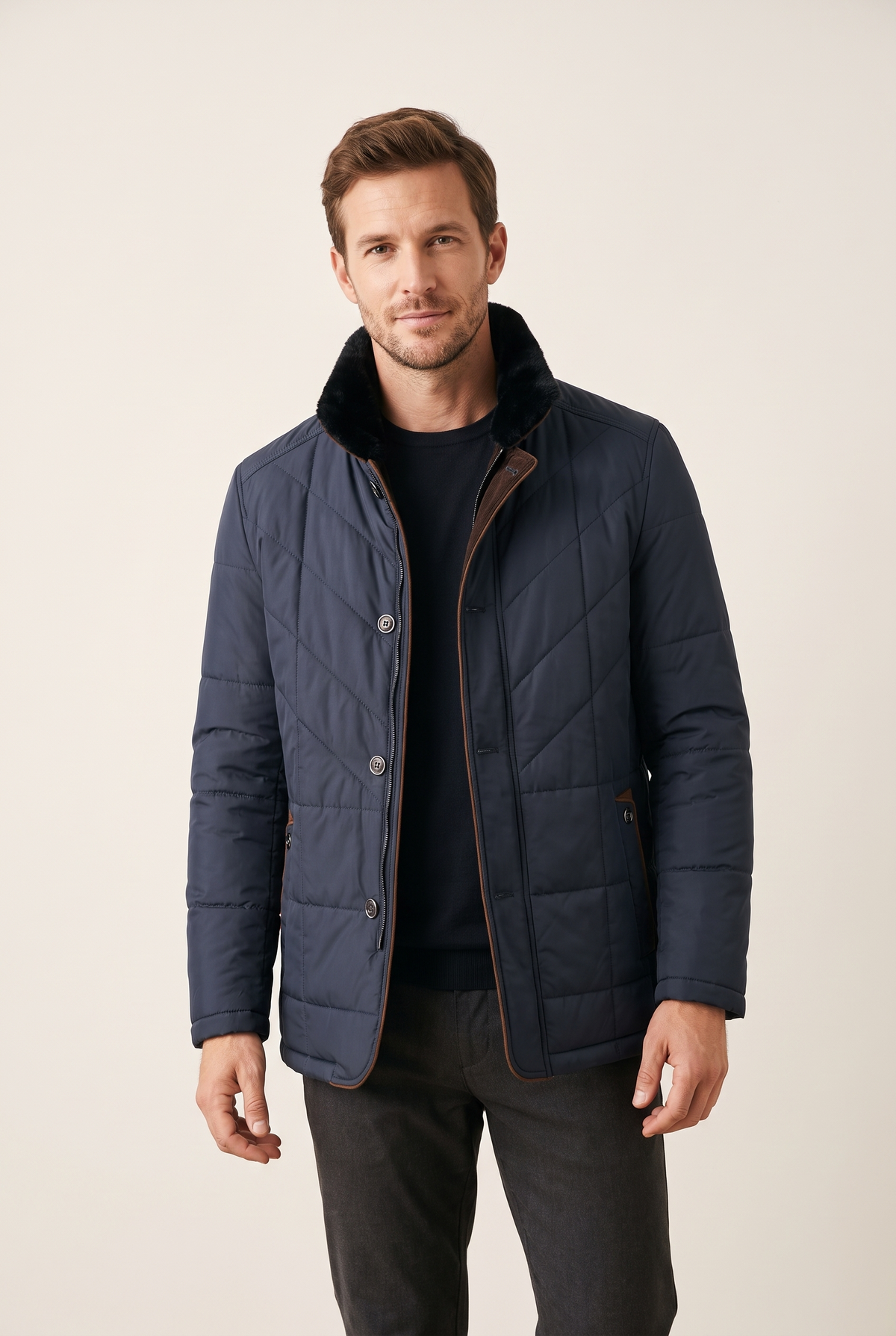Miguel Men's Winter Quilted Panel Construction Button Front Closure Jacket, on model