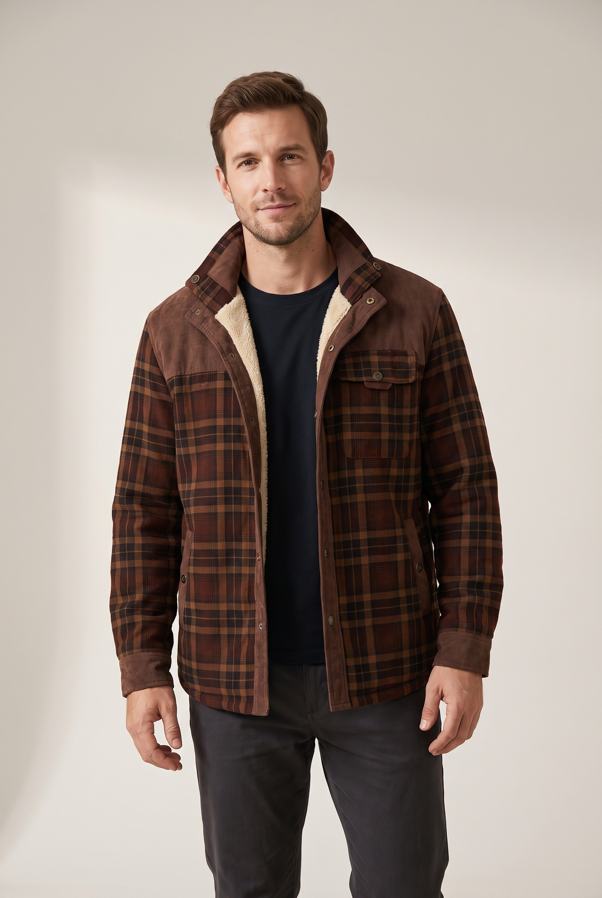 Xavier Men's Snap Button Closure Plaid Pattern Exterior Stand Collar Jacket, on model