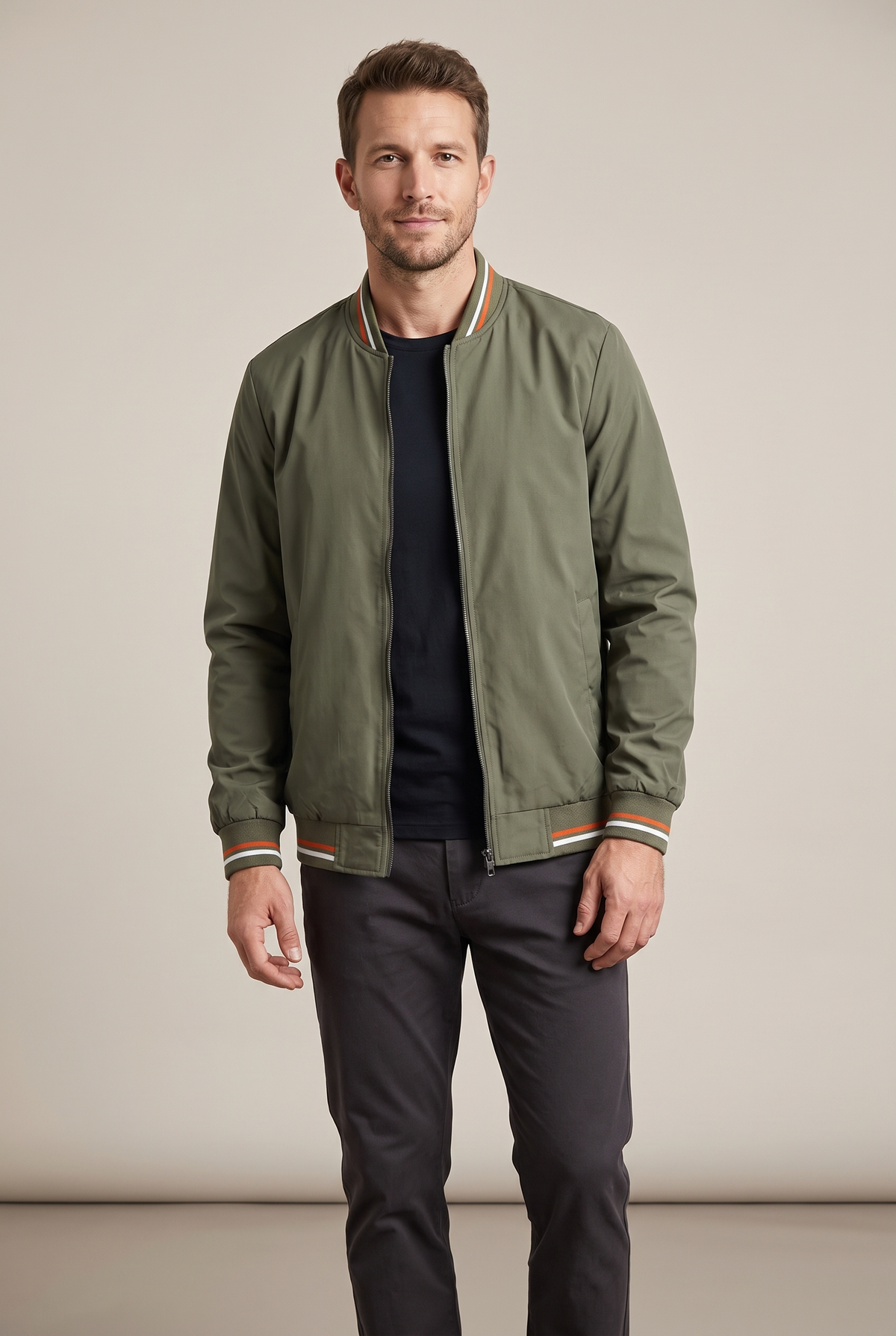 Men's Zip-Up Bomber Jacket with Ribbed Collar and Cuffs, on model