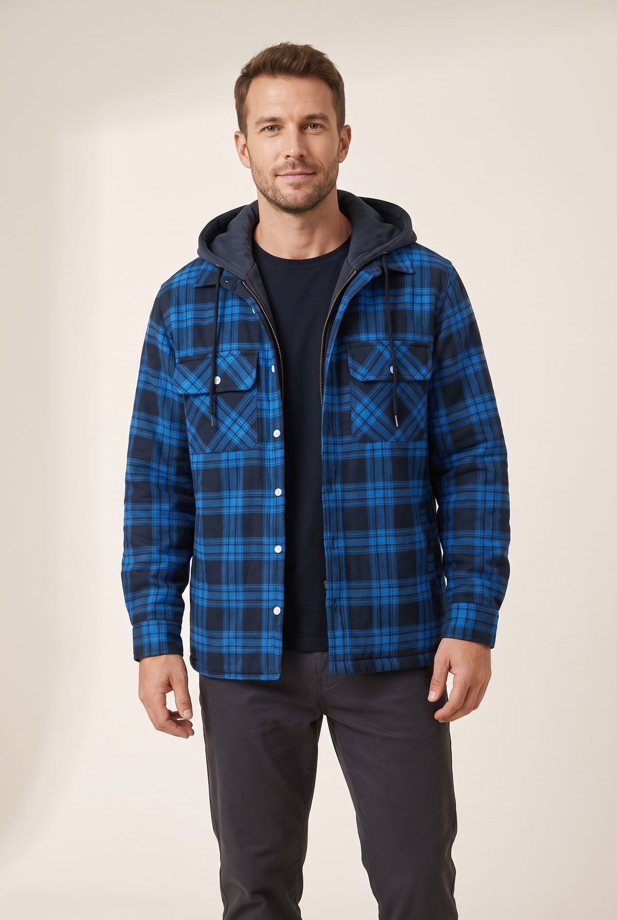 Silas Men's Plaid Pattern Exterior Attached Hood Detail Layered Front Closure Jacket, on model