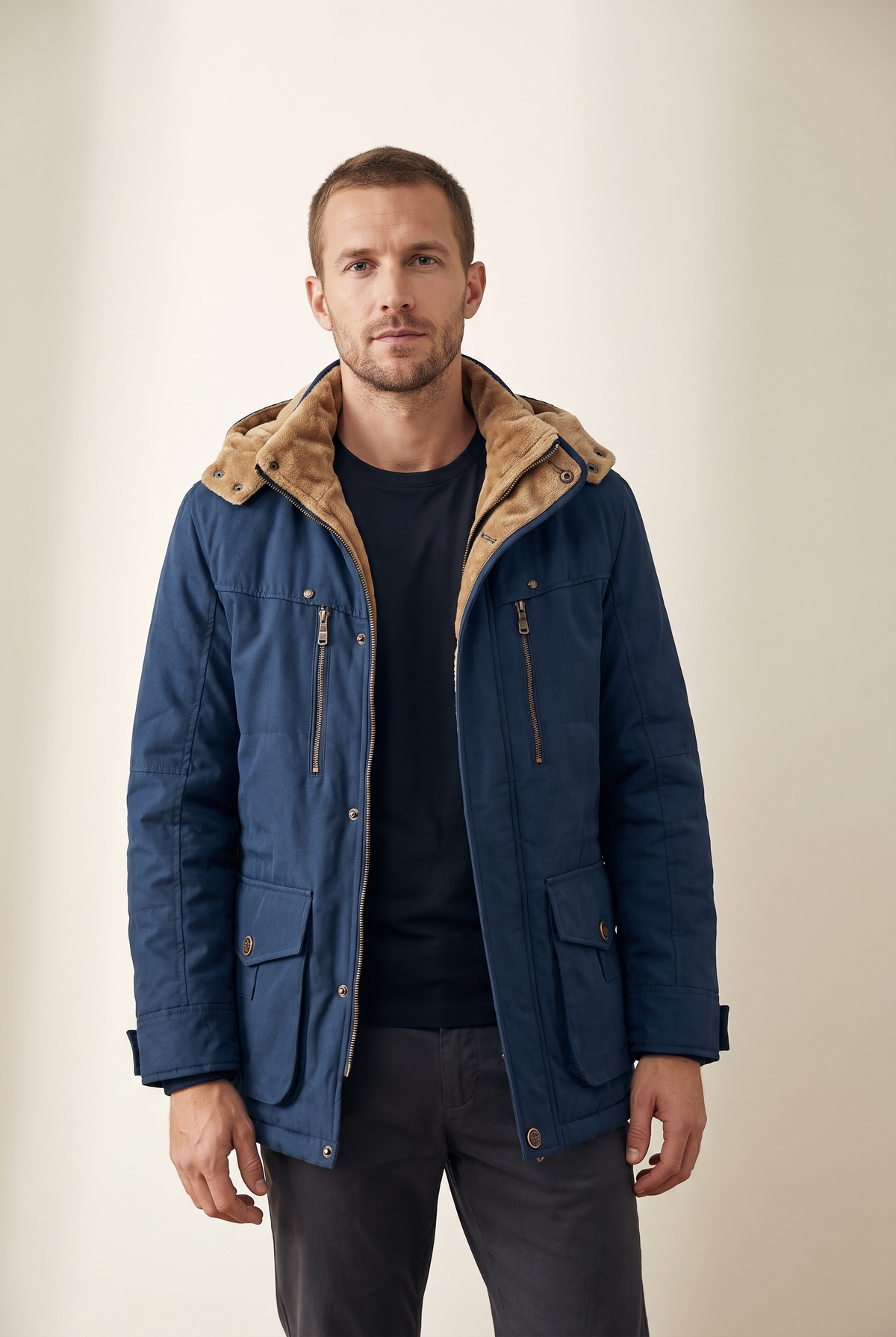 Men's Zip-Up Winter Coat with Hooded Neckline, on model