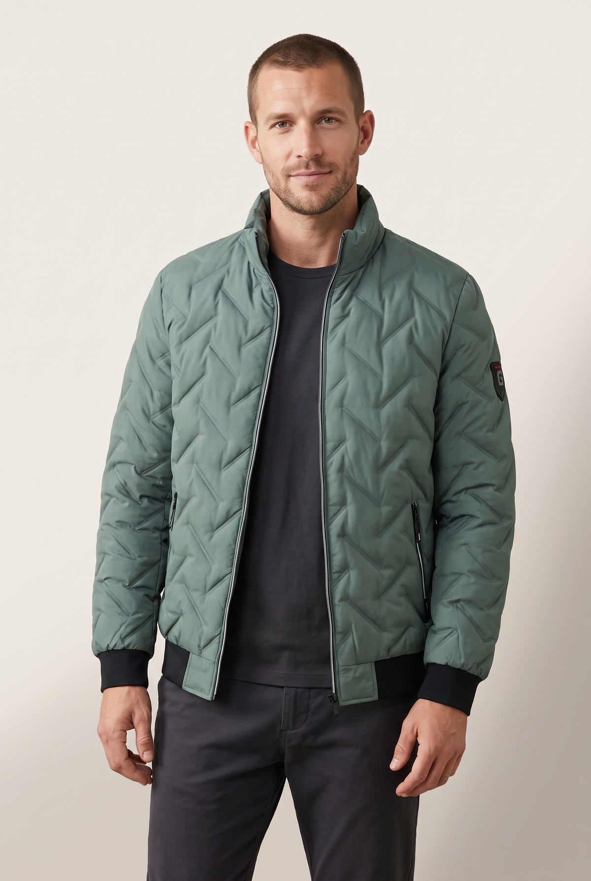 Theo Men's Quilted Stand Collar Design Full Zip Front Puffer Jacket, on model