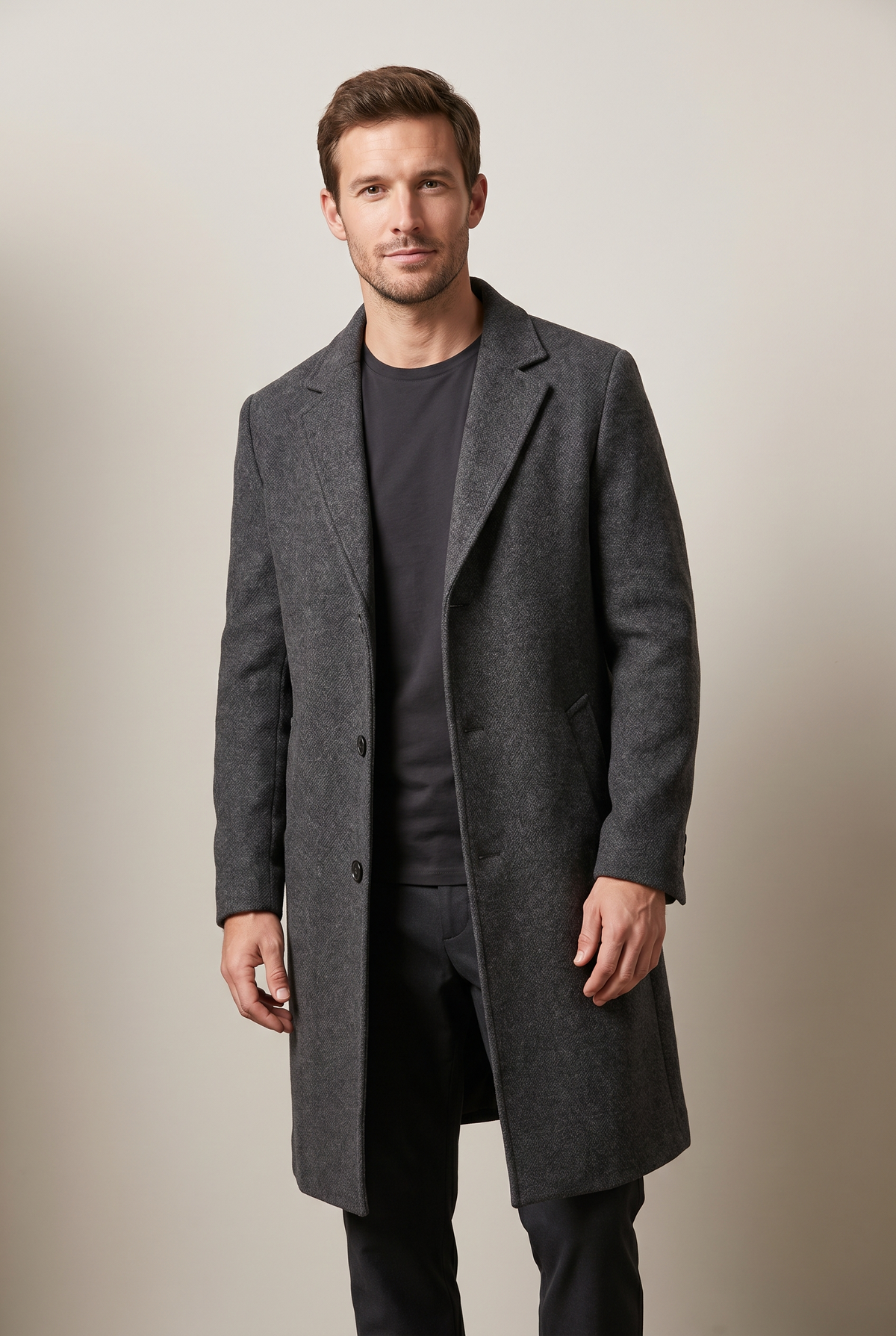 Men's Longline Button-Front Overcoat with Lapel Collar, on model