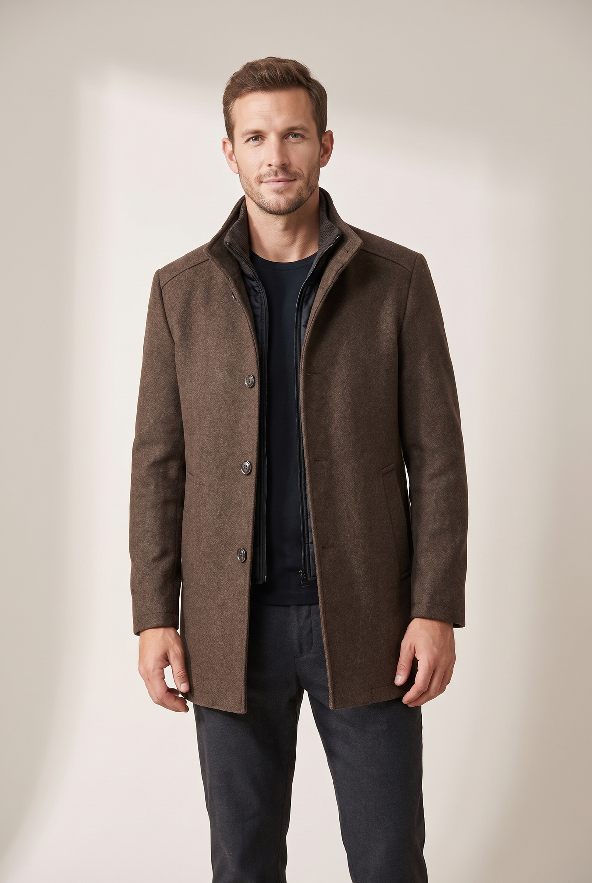 Vincent Men's Winter Stand Collar Design Button Front Closure Coat, on model