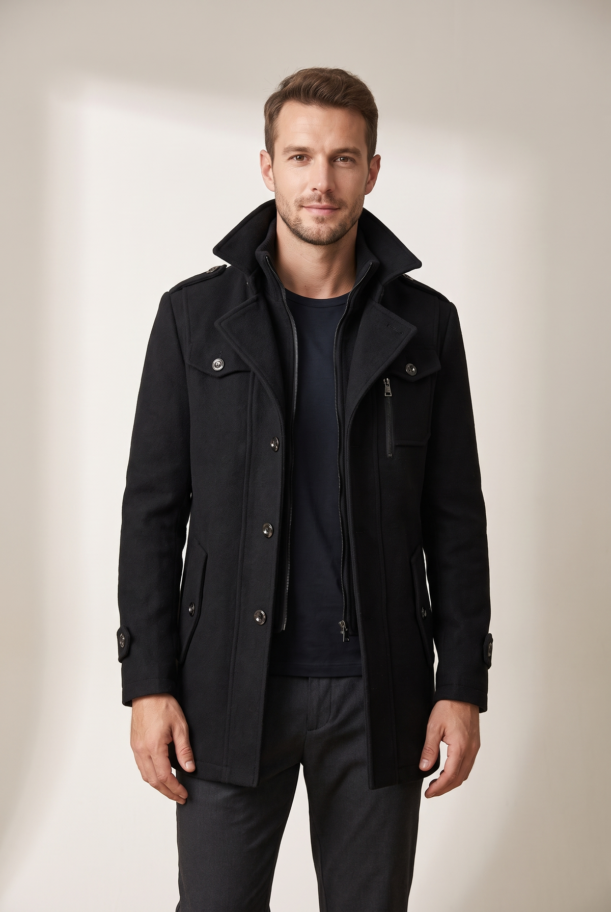 Men's Zip-Up Winter Coat with Button Accents and Stand-Up Collar, on model