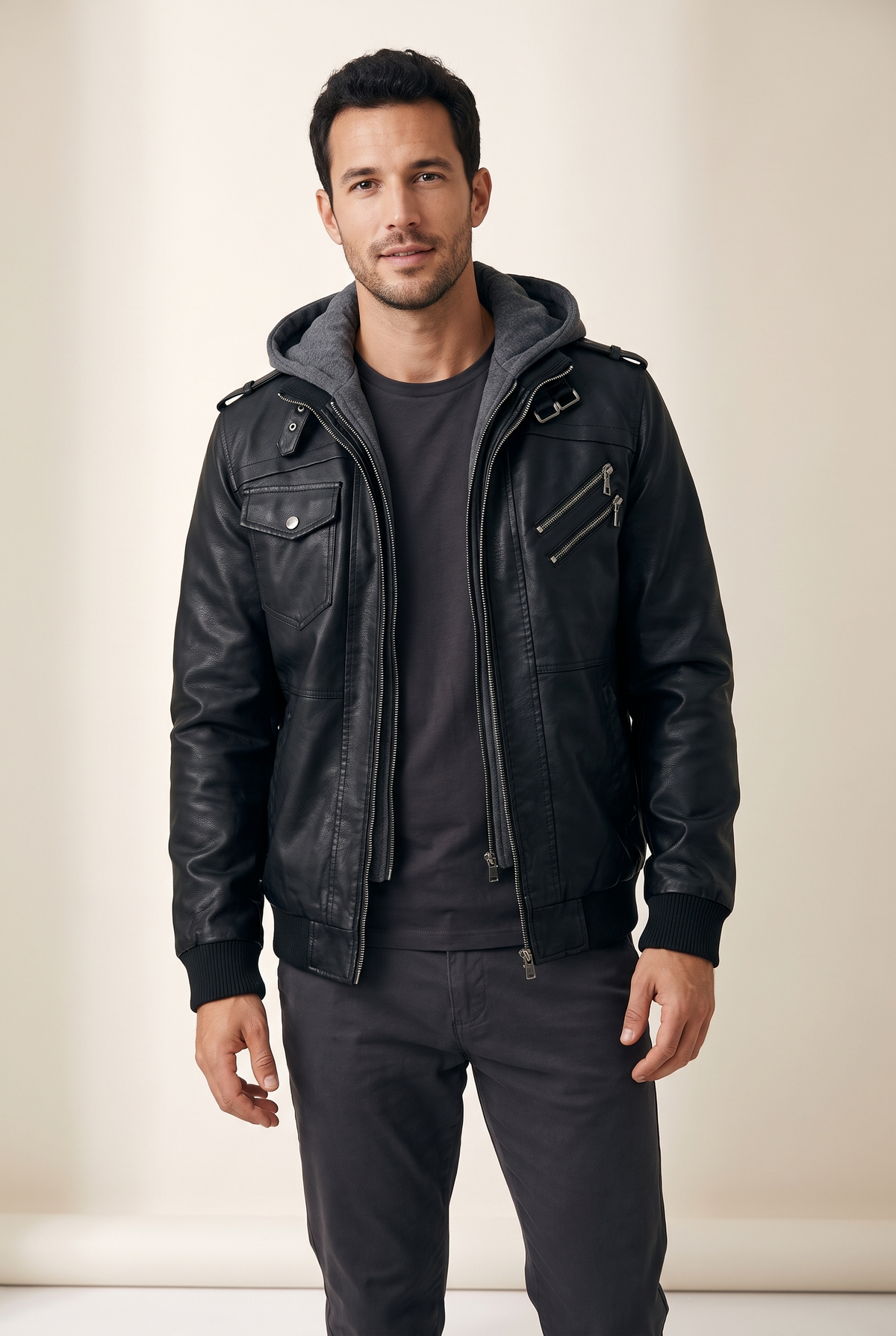 Men's Zip-Up Jacket with Detachable Hood and Multiple Pockets, on model