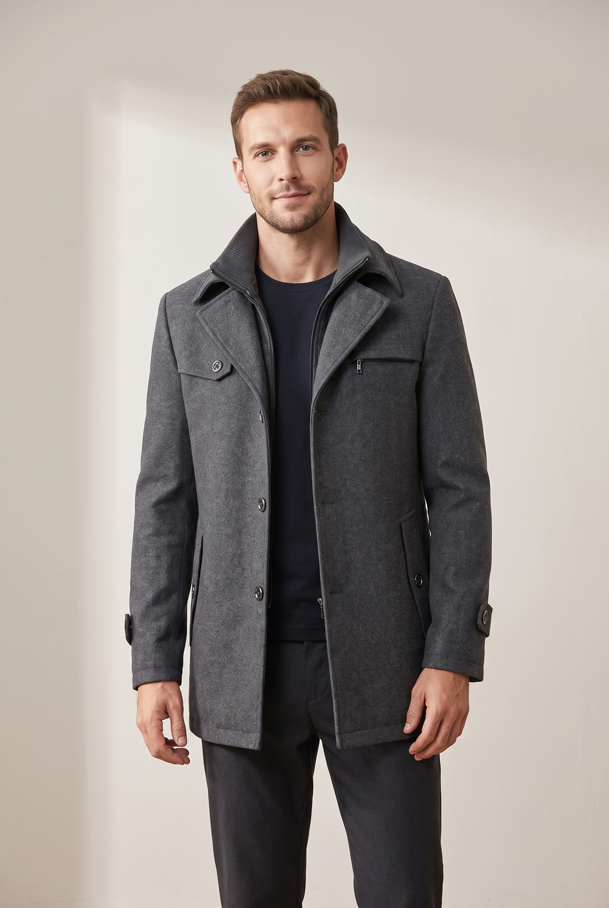 Men's Mid-Length Button-Front Winter Jacket with Structured Collar, on model