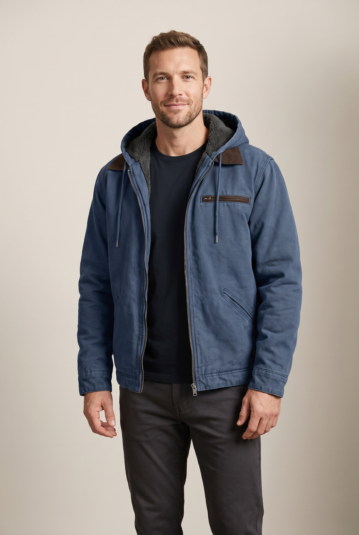 Men's Zip-Up Jacket with Attached Hood and Chest Zip Pocket, on model