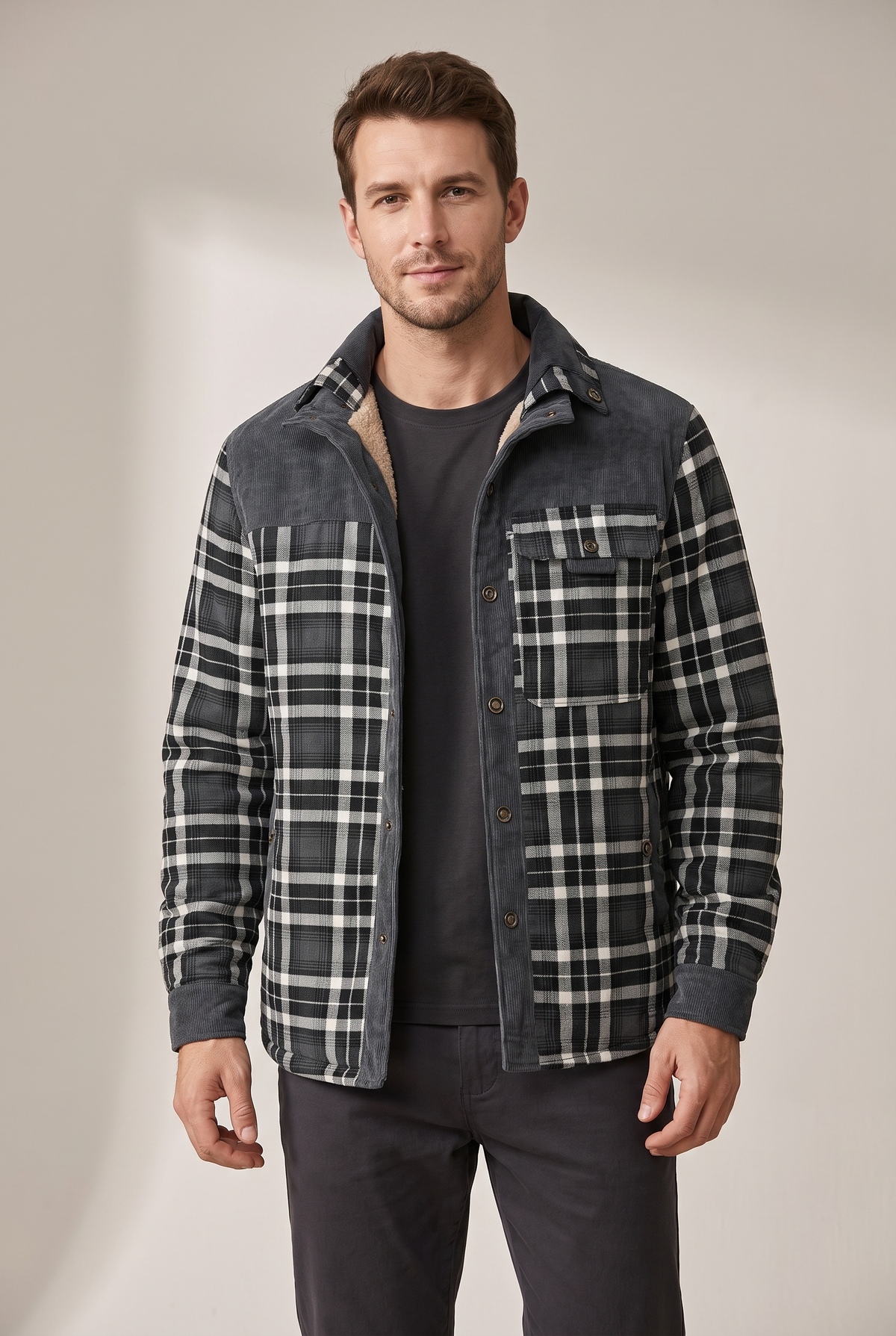 Men's Plaid Button-Front Jacket with Lined Interior, on model