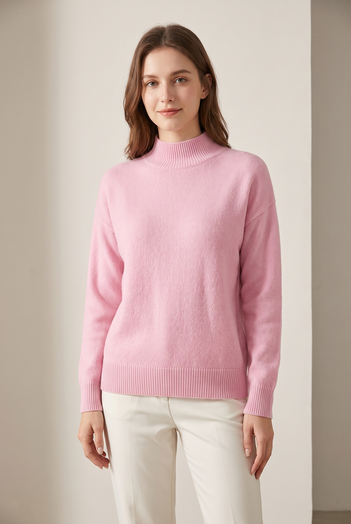 Women's Mock Turtleneck Ribbed Cuffs Collar Sweater in Light Pink, on model