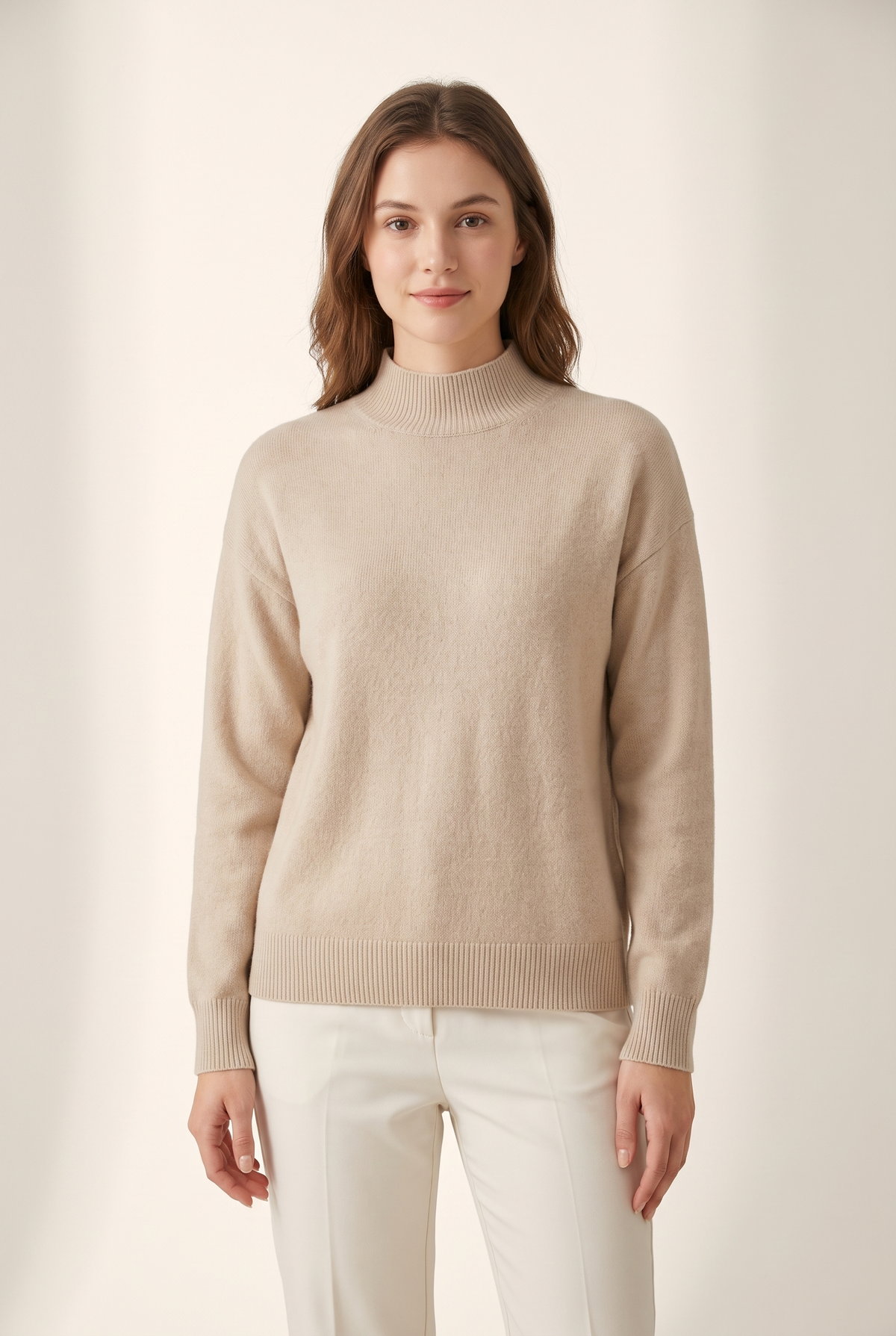 Women's Mock Turtleneck Ribbed Cuffs Collar Sweater in Beige, on model