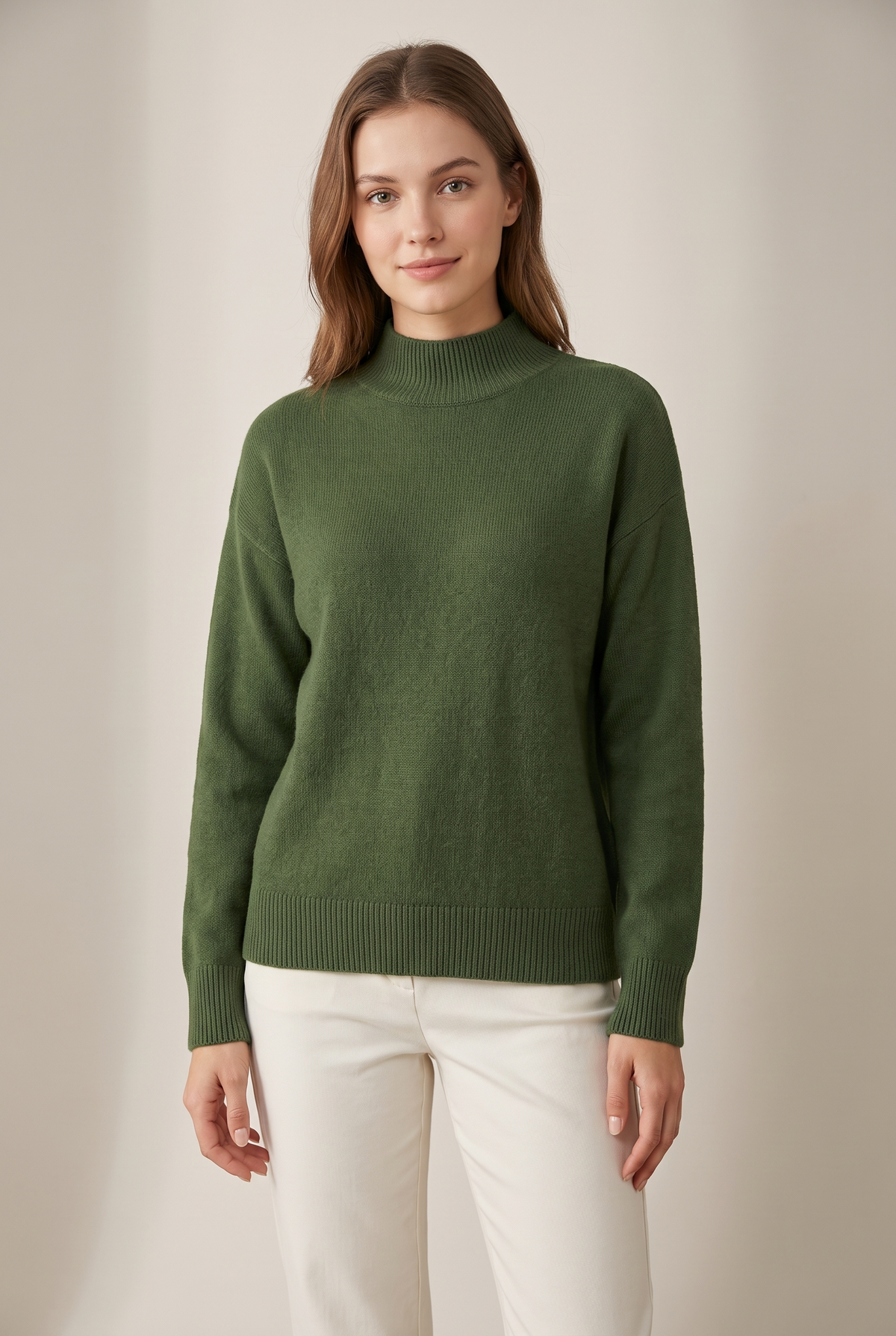 Women's Mock Turtleneck Ribbed Cuffs Collar Sweater in Green, on model