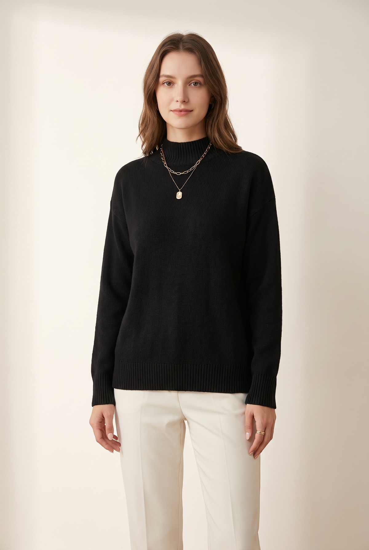 Women's Mock Turtleneck Ribbed Cuffs Collar Sweater in Black, on model