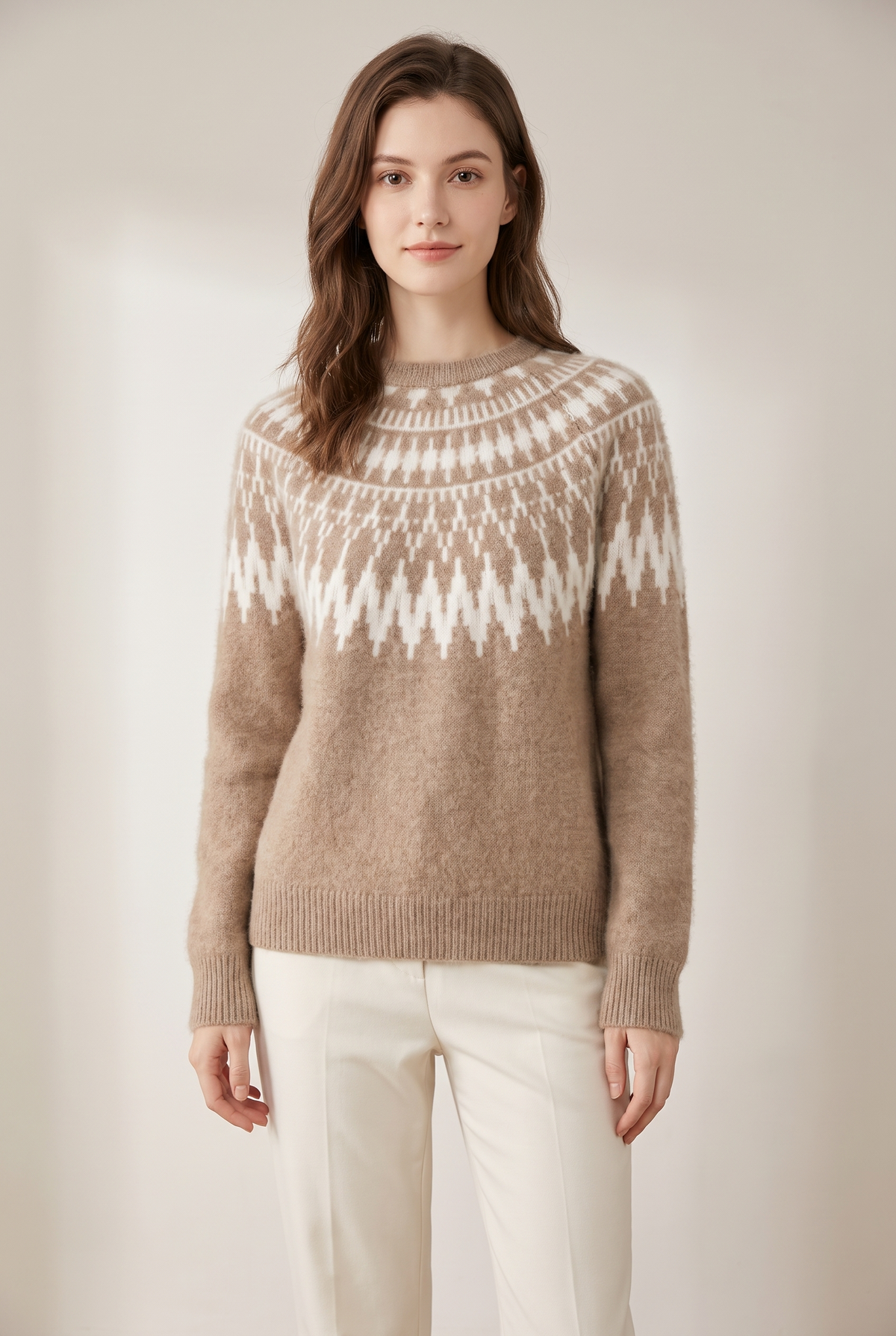 Isabella Women's Crew Neck Knit Relaxed Fit Knit Sweater in Beige, on model