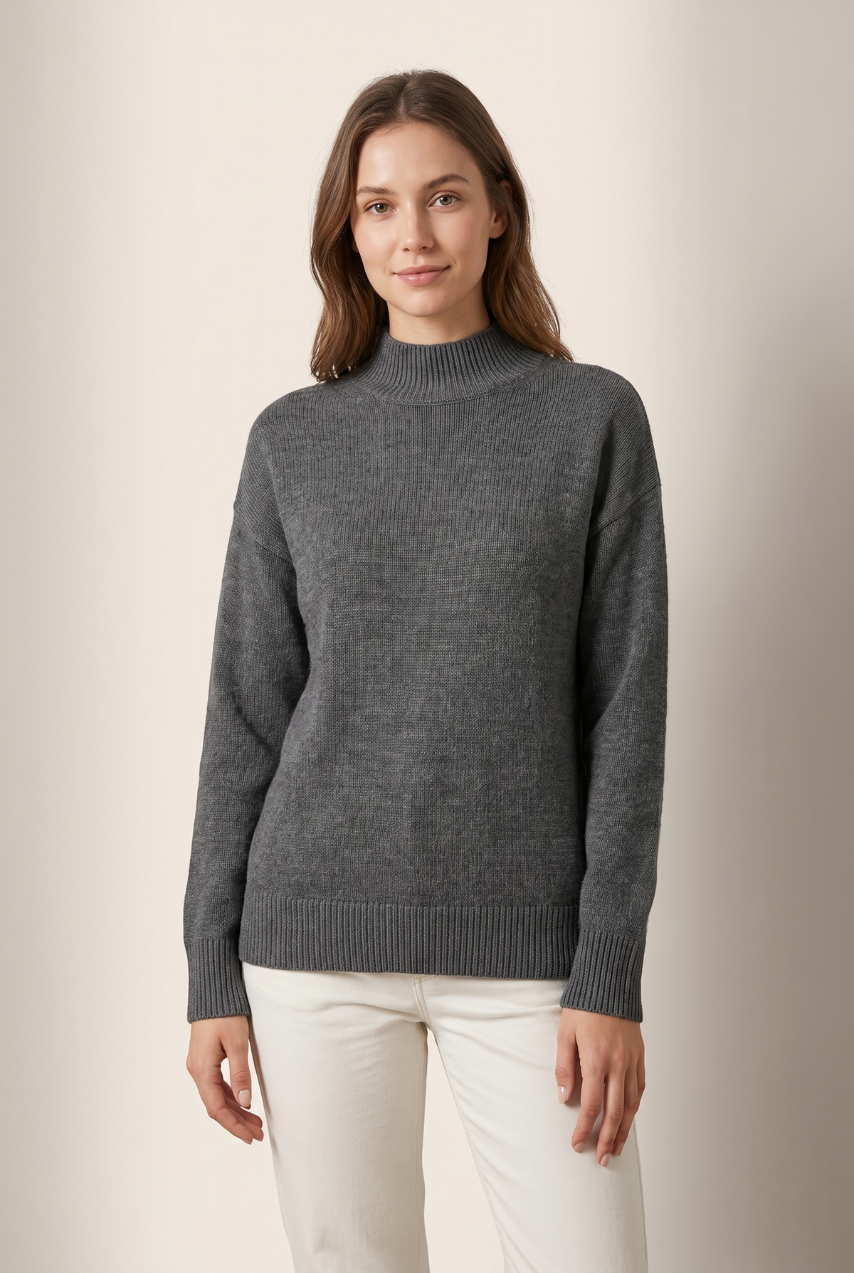 Women's Mock Turtleneck Ribbed Cuffs Collar Sweater in Dark Gray, on model