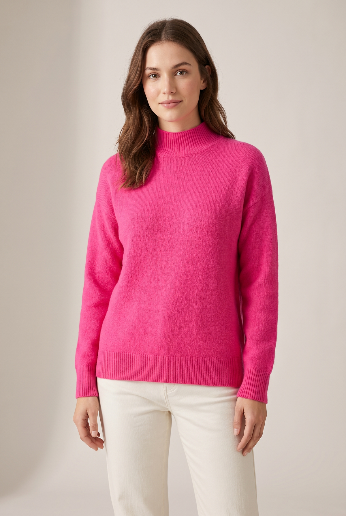 Women's Mock Turtleneck Ribbed Cuffs Collar Sweater in Pink, on model