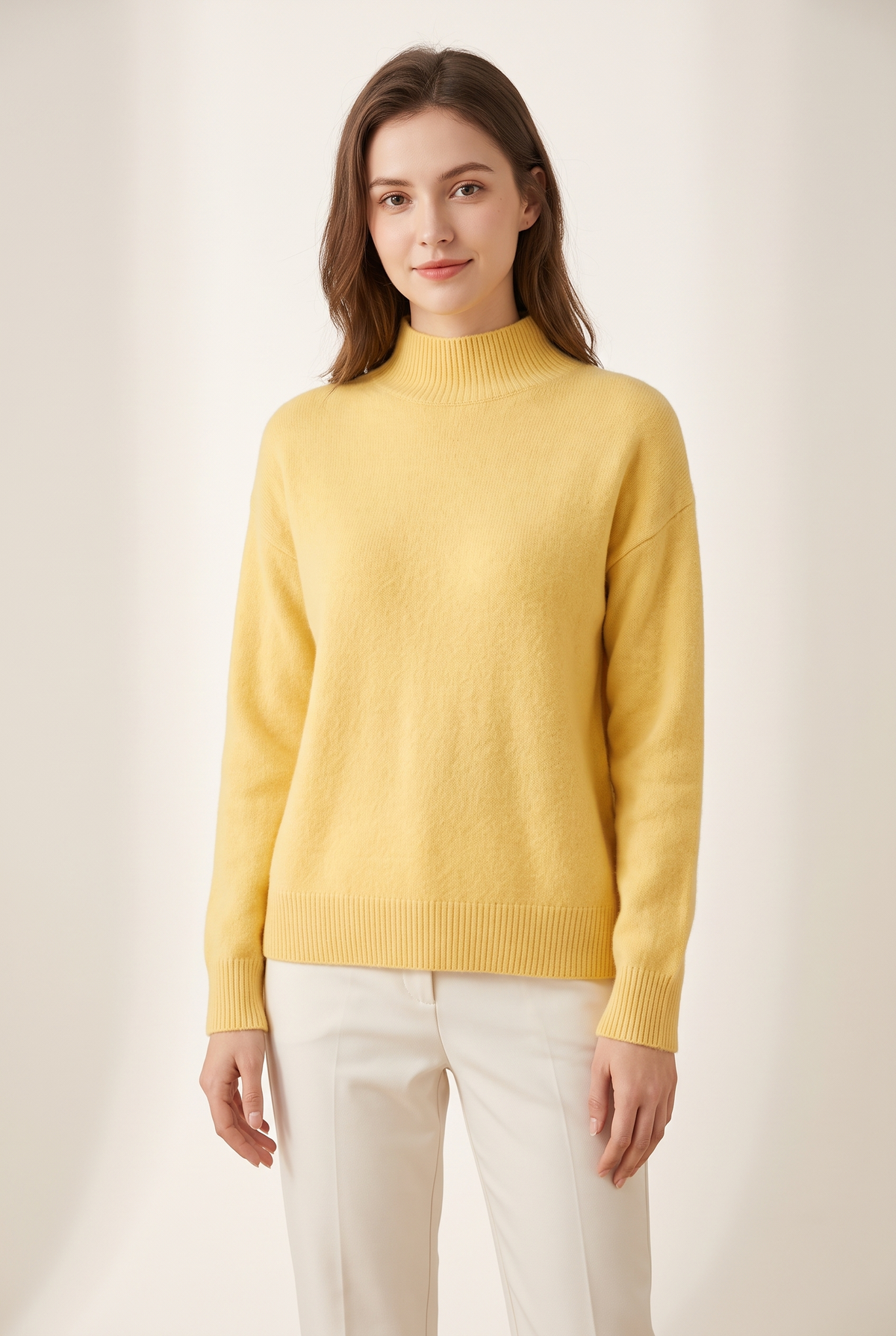 Women's Mock Turtleneck Ribbed Cuffs Collar Sweater in Yellow, on model