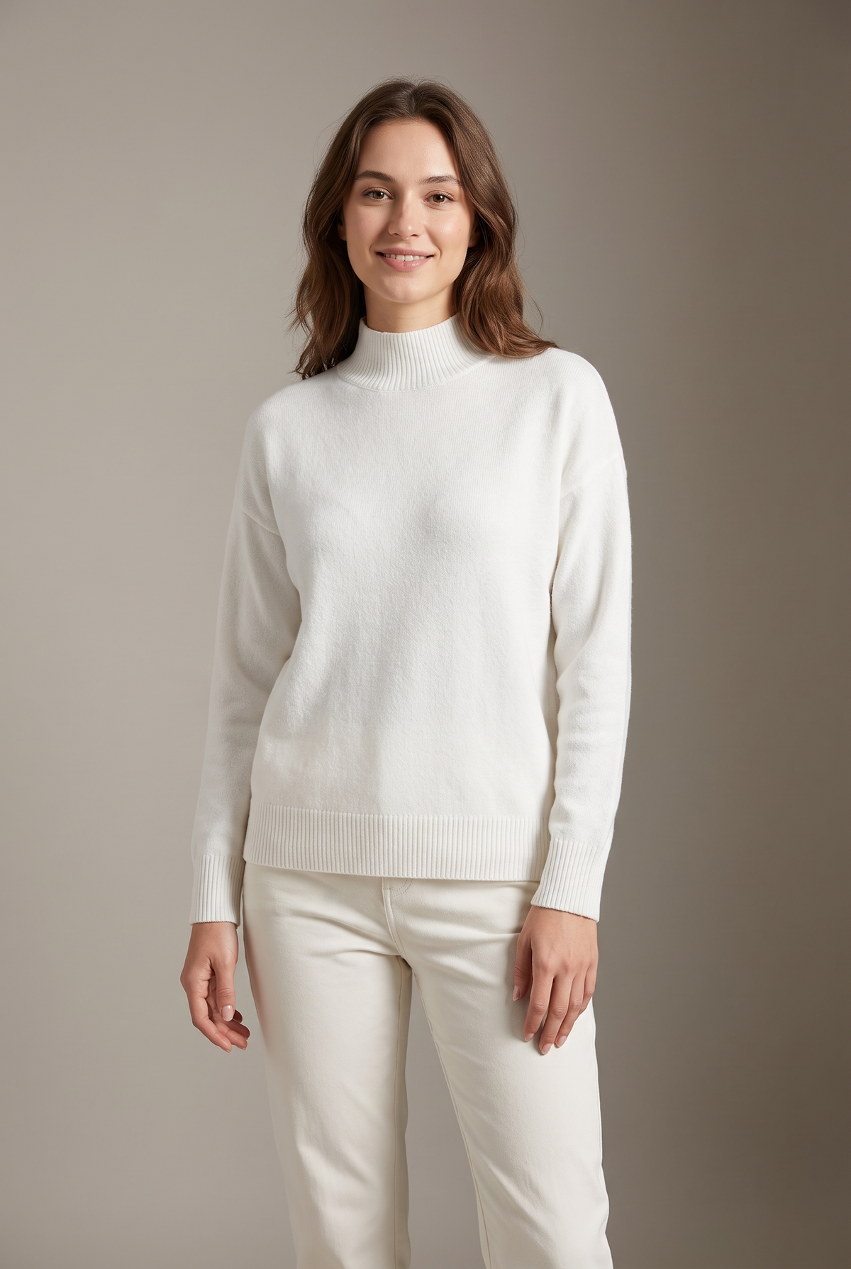 Women's Mock Turtleneck Ribbed Cuffs Collar Sweater in White, on model