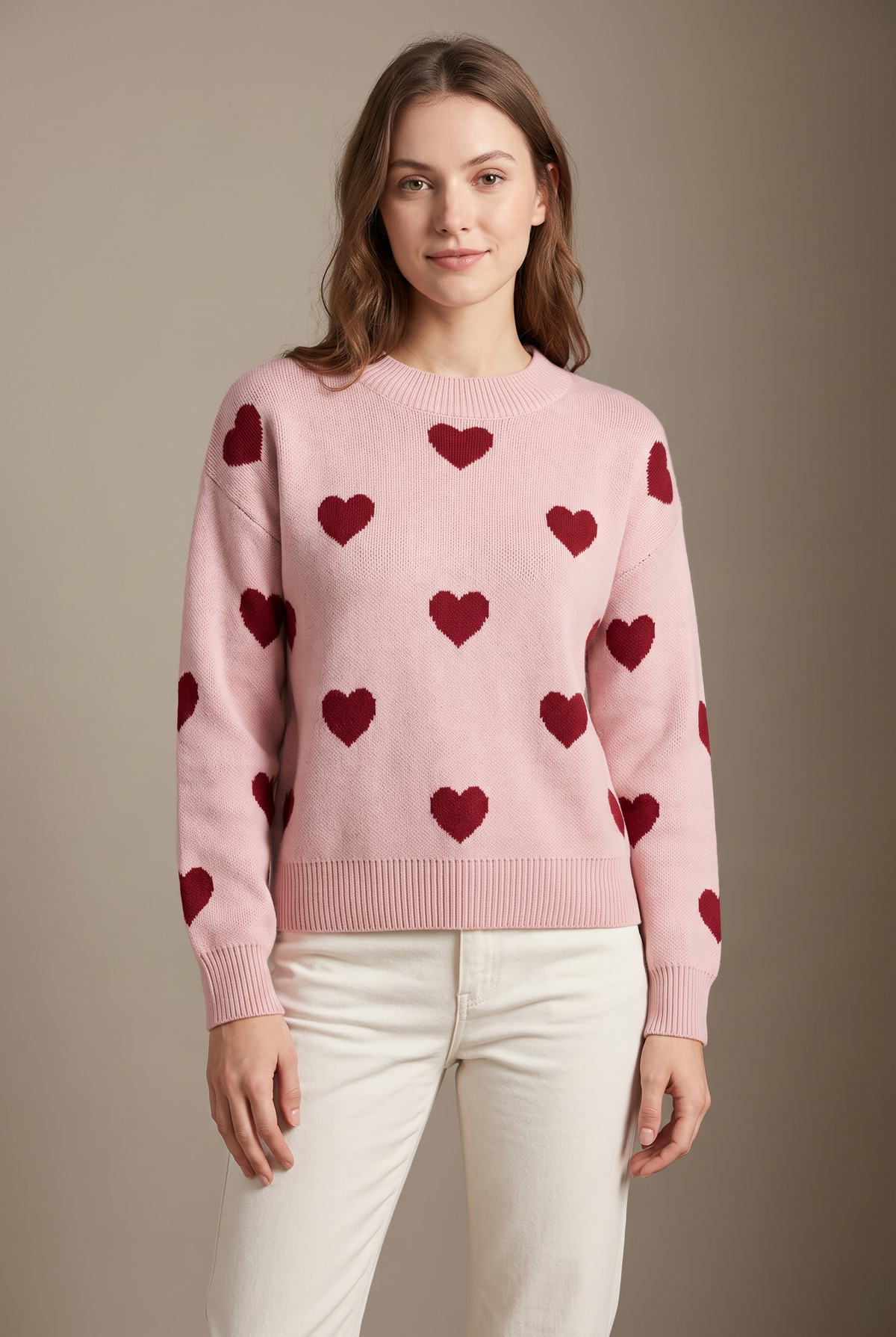 Montecito Women's Winter Round Neck Heart Pattern Knit Sweater in Pink, on model