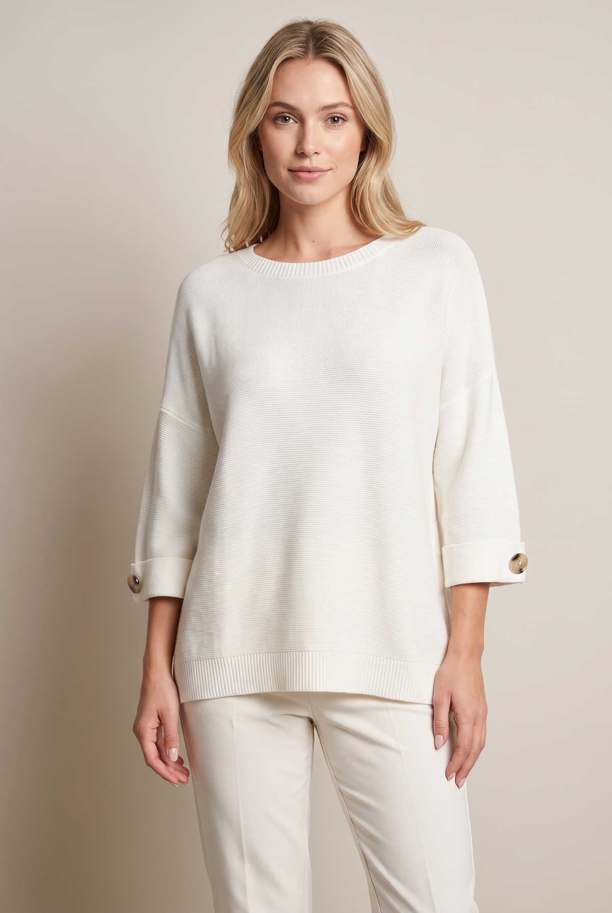 Sonora Women's Crew Neck Loose Straight Fit Wide Three-Quarter Sleeve Sweater in White, on model